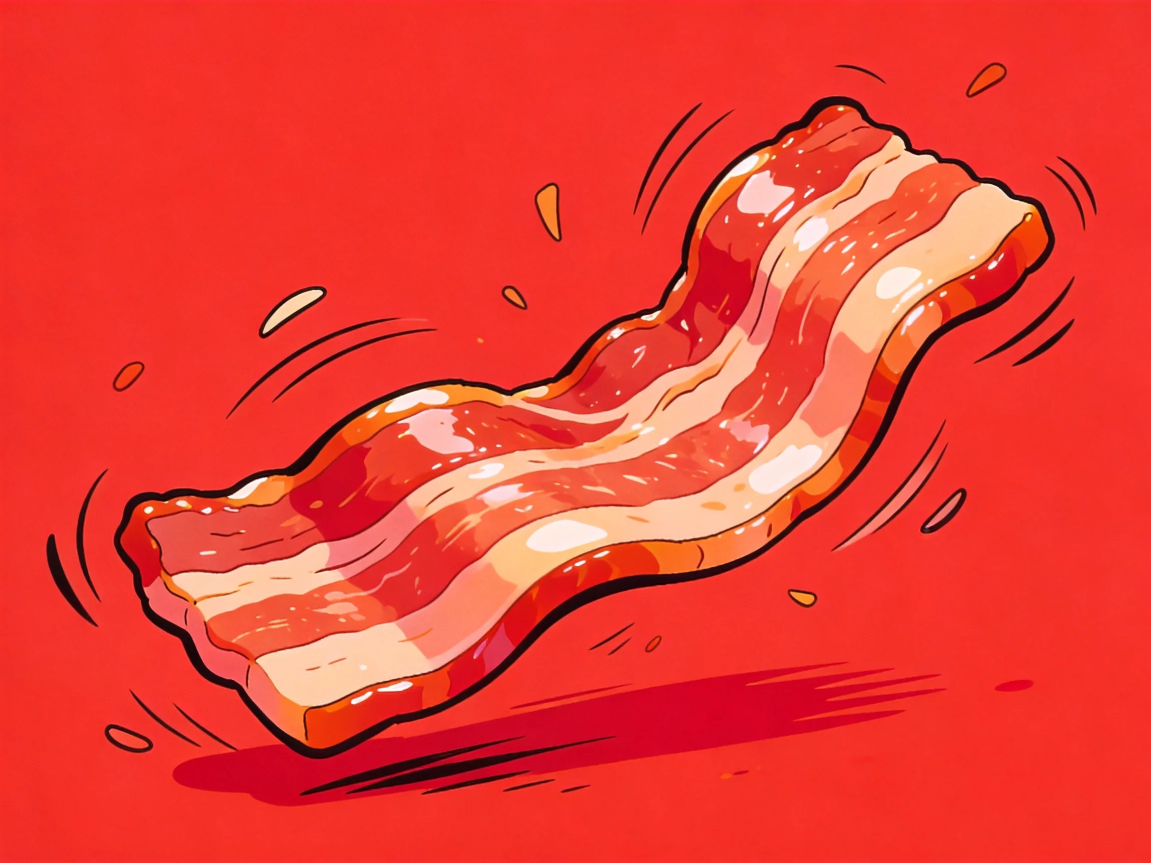 A single strip of crispy bacon illustrated with dynamic red background