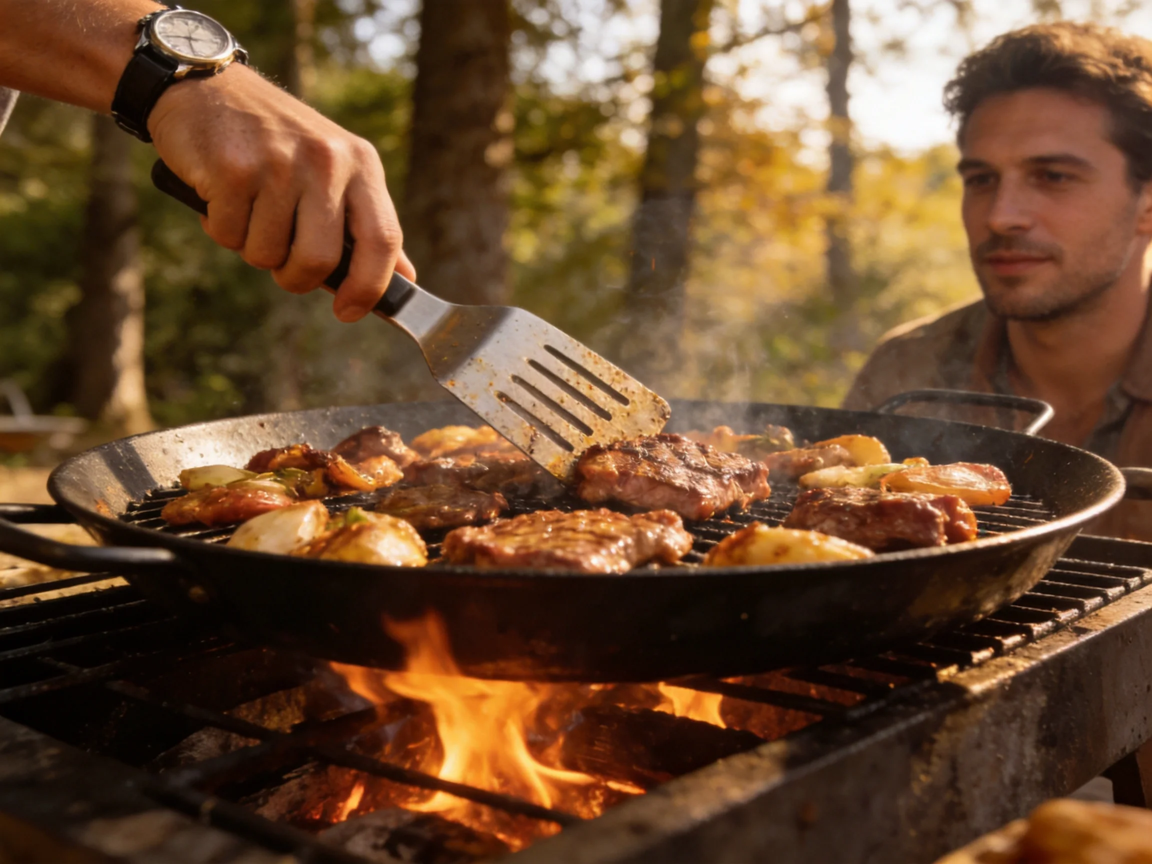 A sizzling outdoor grill cooking meats and veggies over open flames