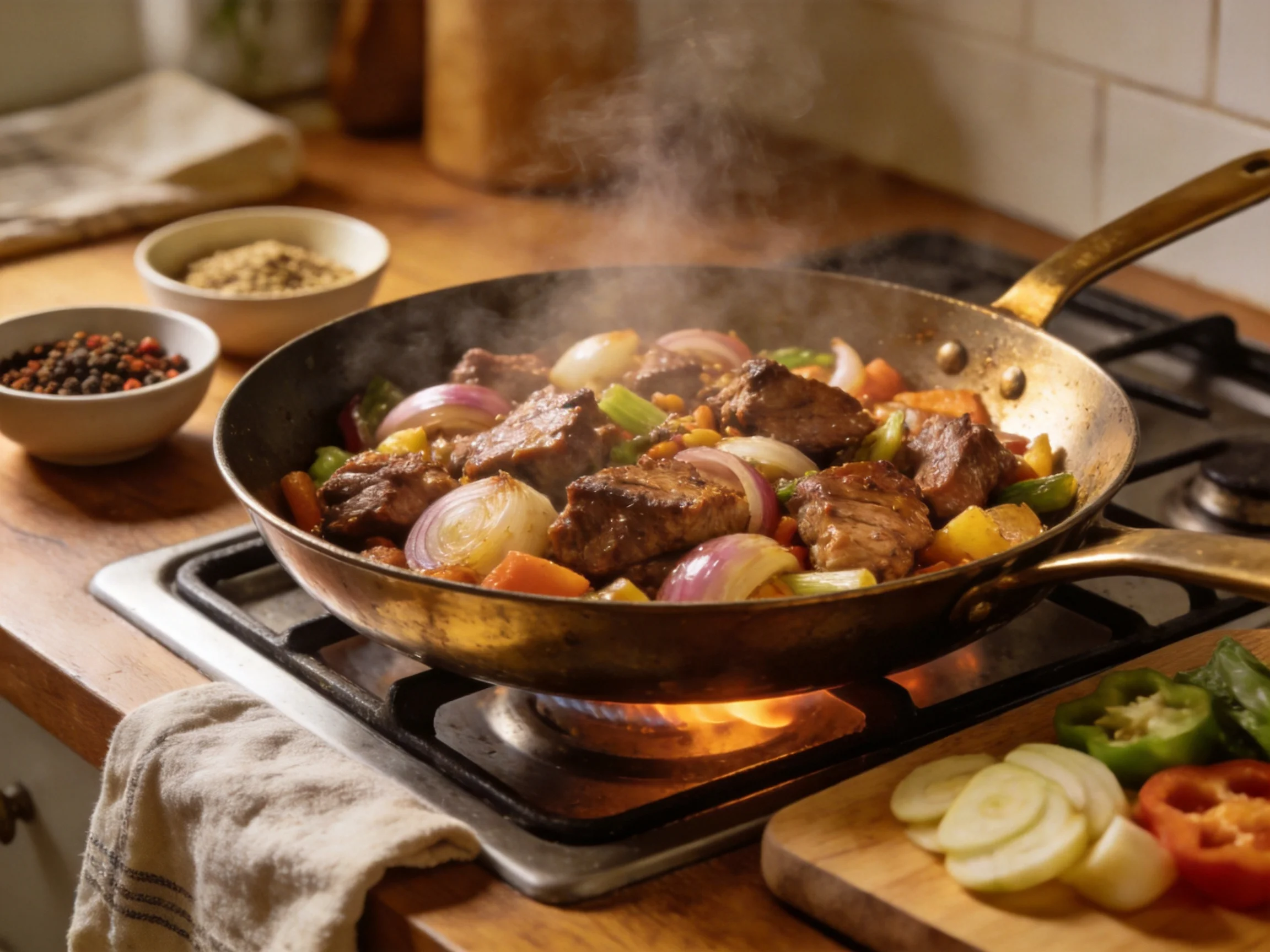 A sizzling skillet of pork, onions, and peppers on a gas stove