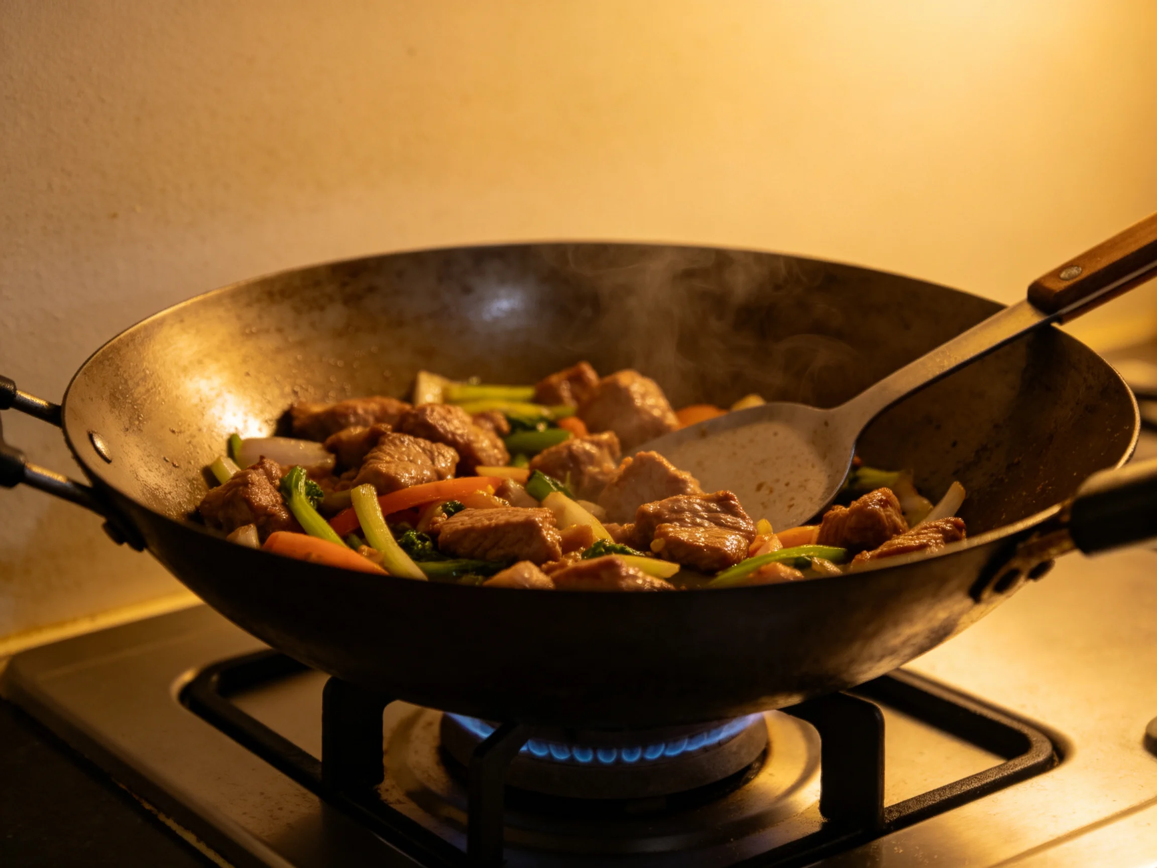 A sizzling stir - fry with meat and veggies in a large wok over a gas burner