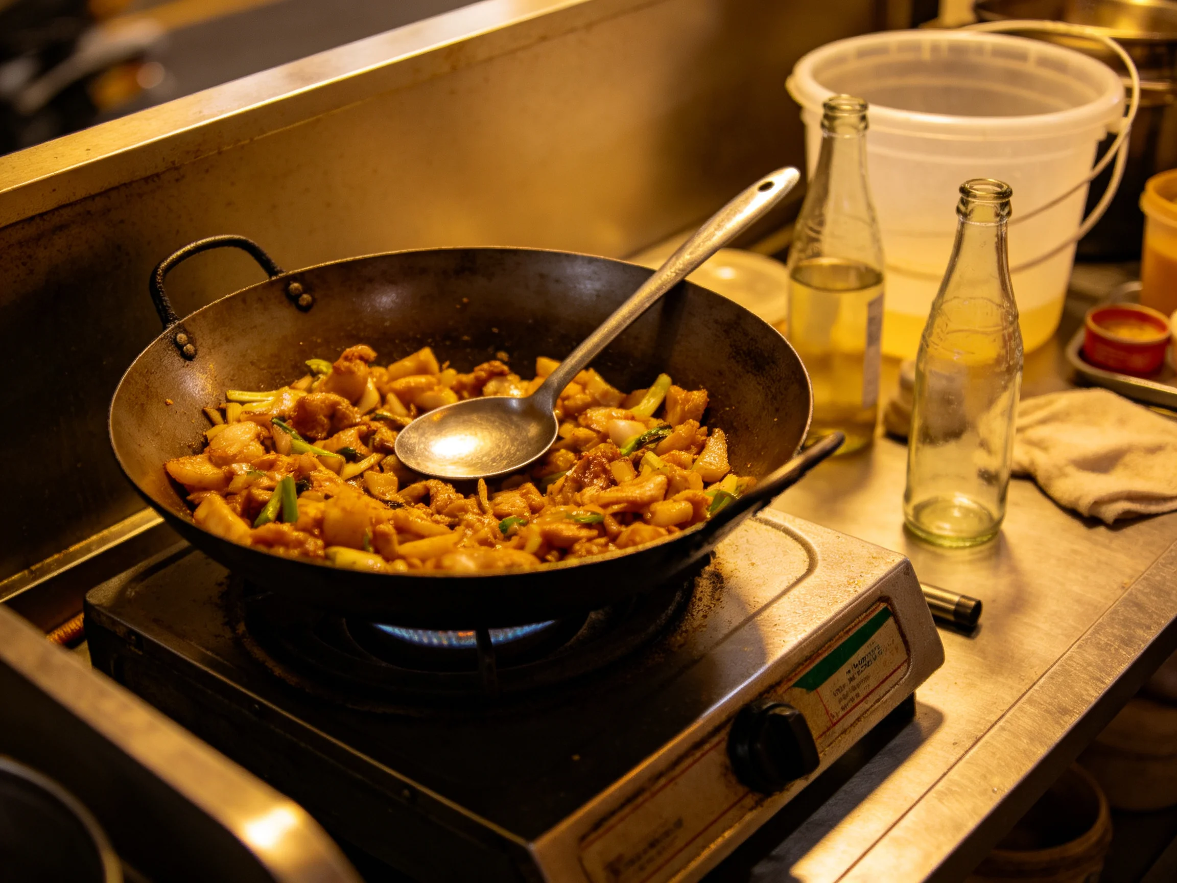 A sizzling wok filled with golden stir - fry on a commercial stove
