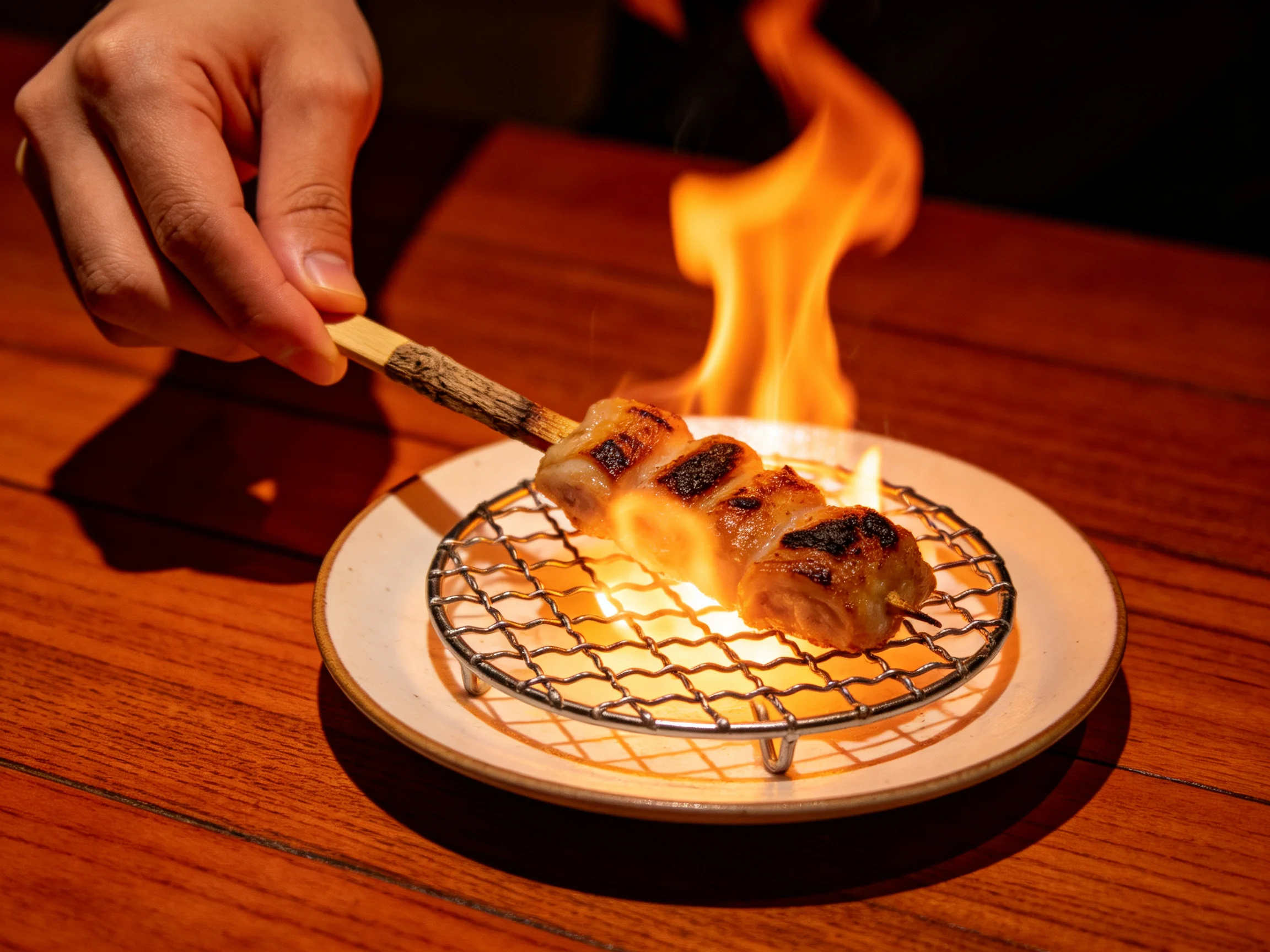 A skewer of grilled meat burns brightly over a wire rack on a white plate