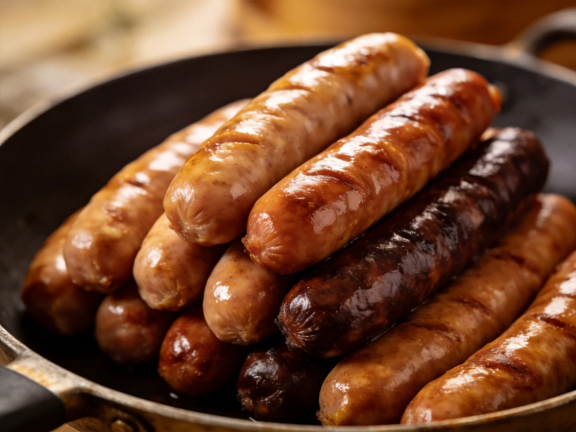 A skillet filled with assorted grilled sausages in varying browns