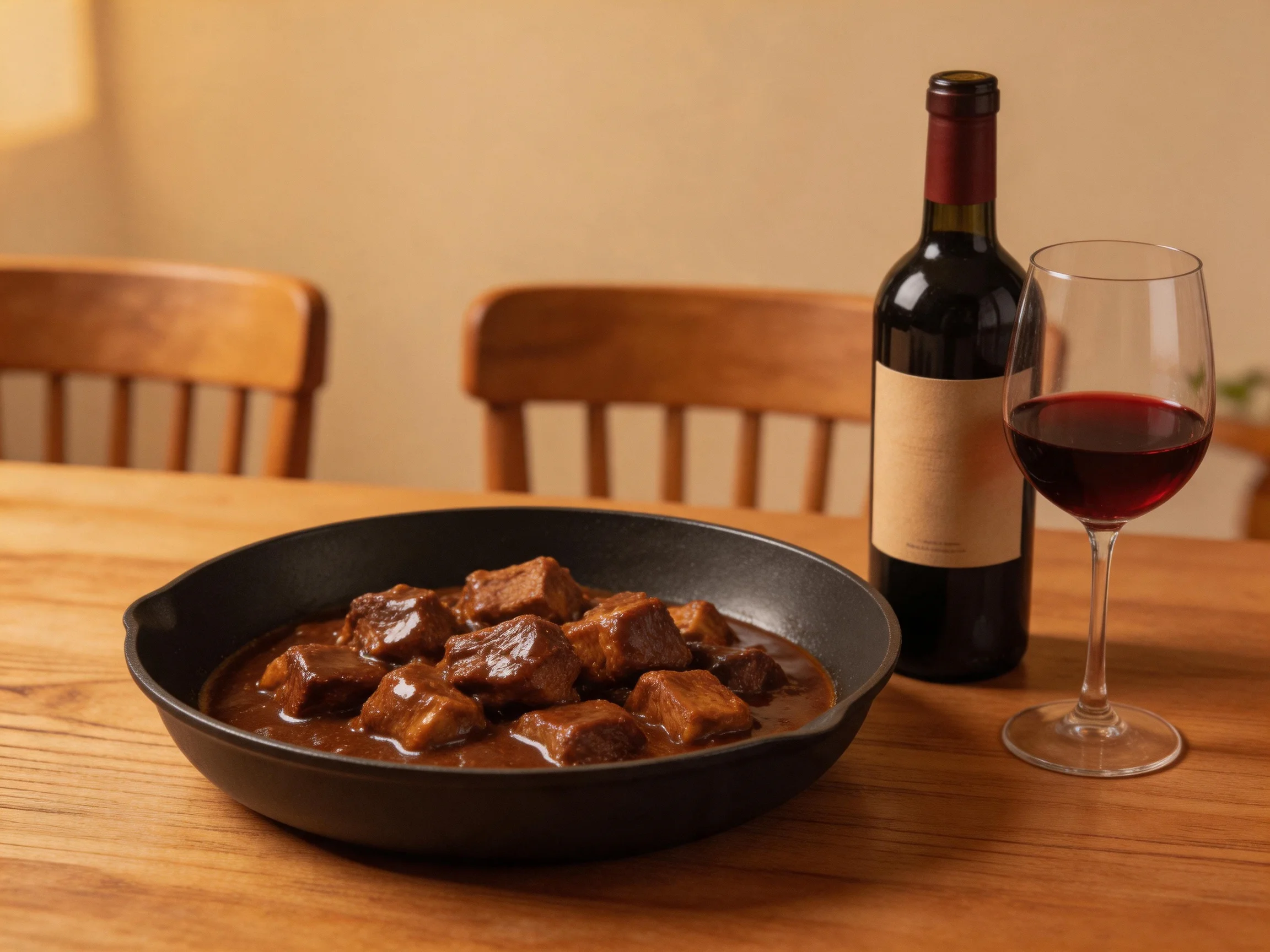 A skillet of brown stew near a wine bottle and glass on a wooden table
