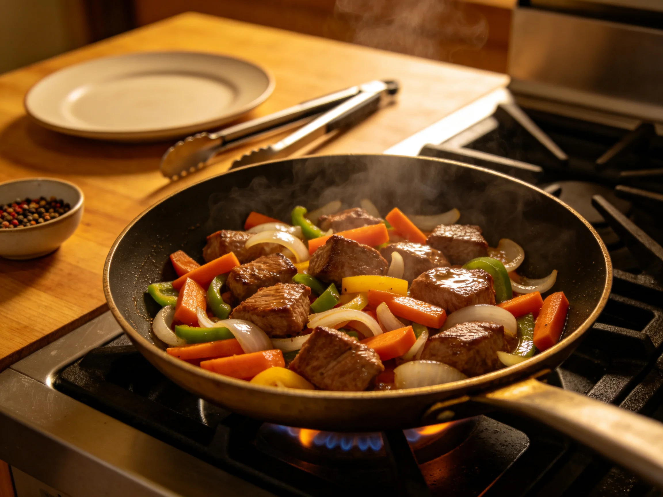 A skillet of browned beef and colorful vegetables cooking on a gas stove