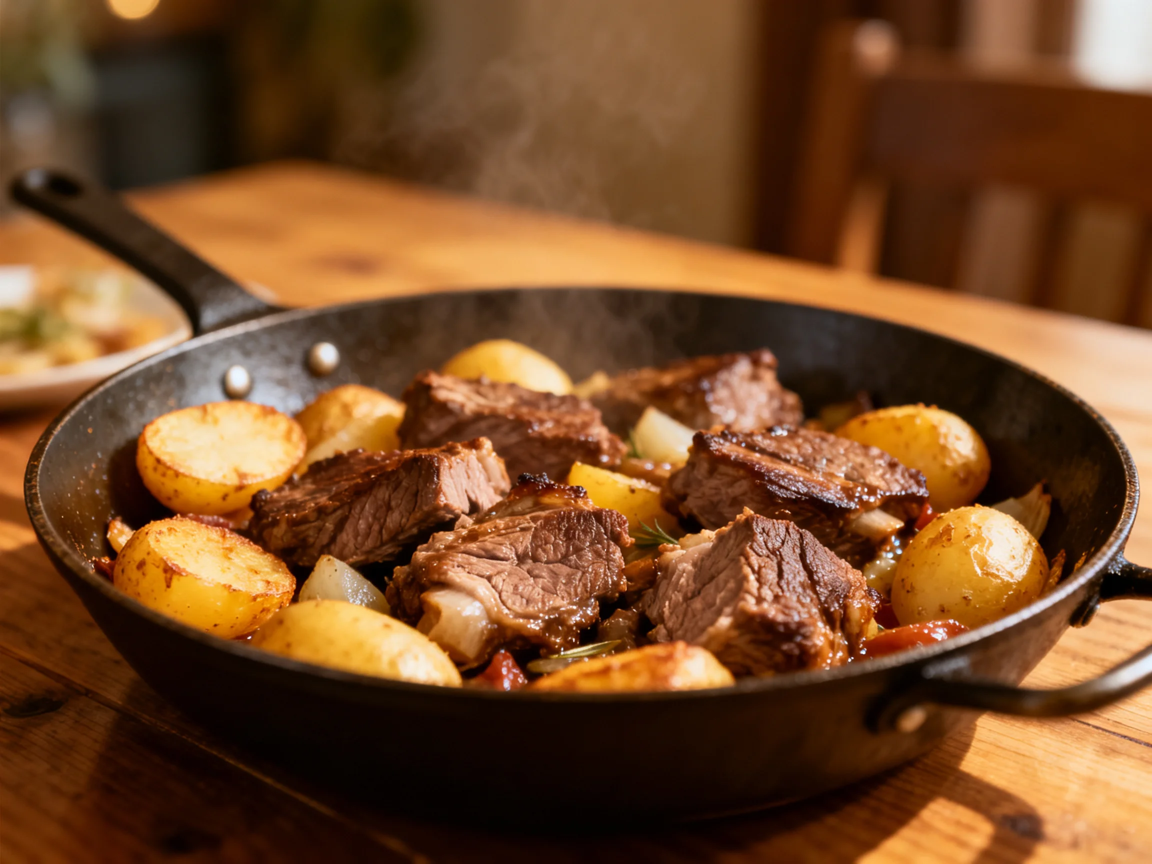 A skillet of browned beef, golden potatoes, and onions