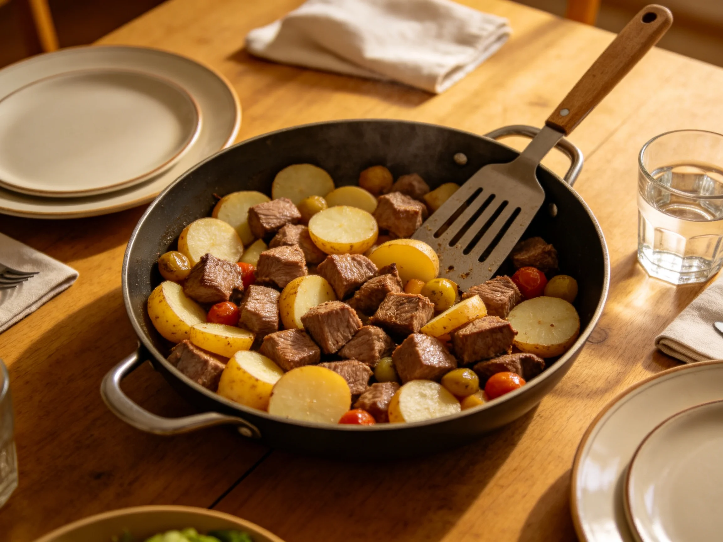 A skillet of browned beef, sliced potatoes, and cherry tomatoes on a wooden table