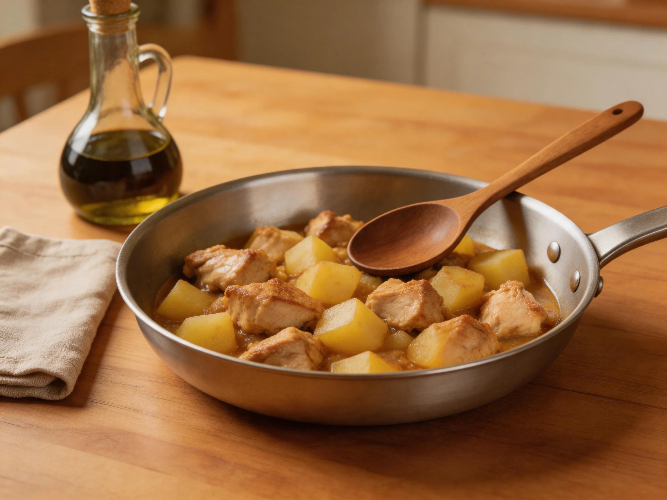 A skillet of chicken and potato stew with a wooden spoon and olive oil bottle