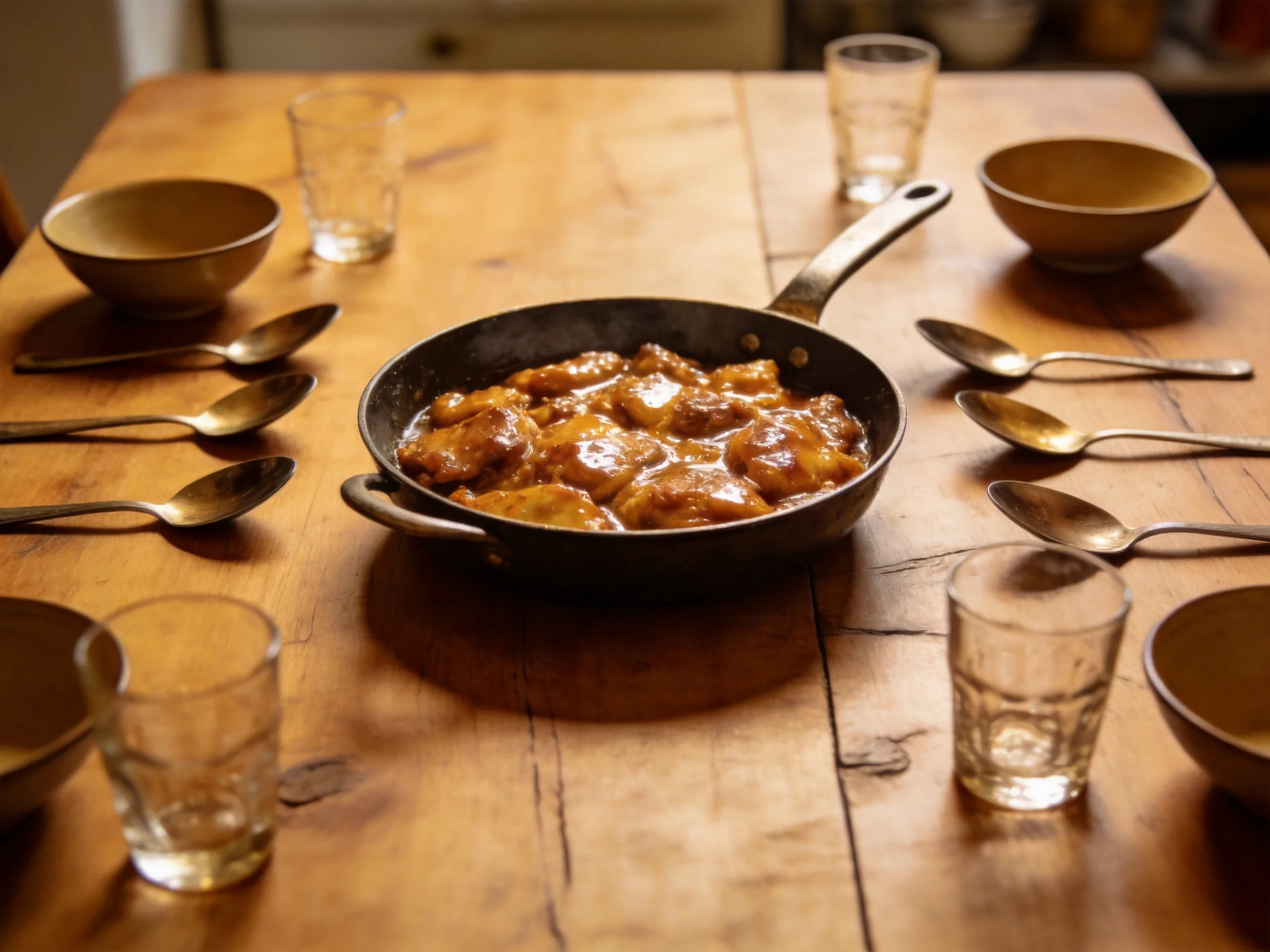 A skillet of golden - brown stew on a rustic wooden dining table