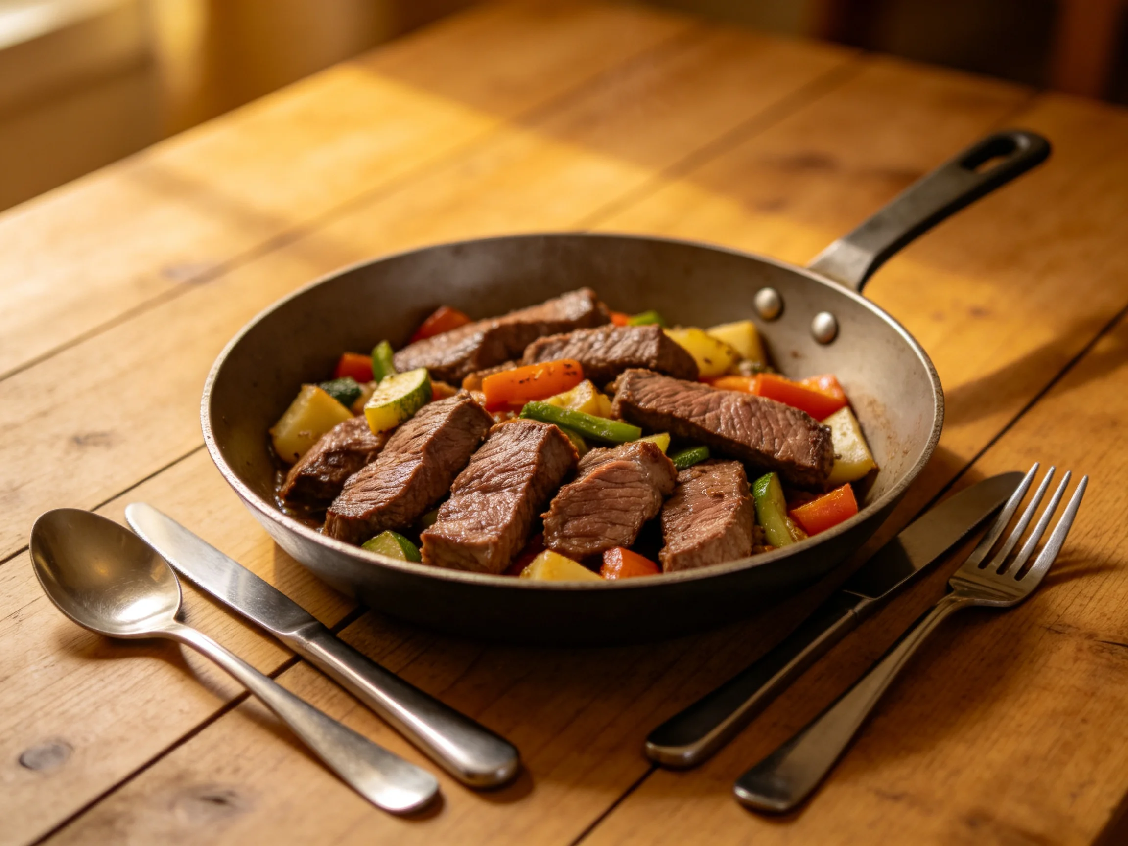 A skillet of grilled beef and mixed vegetables on a wooden table