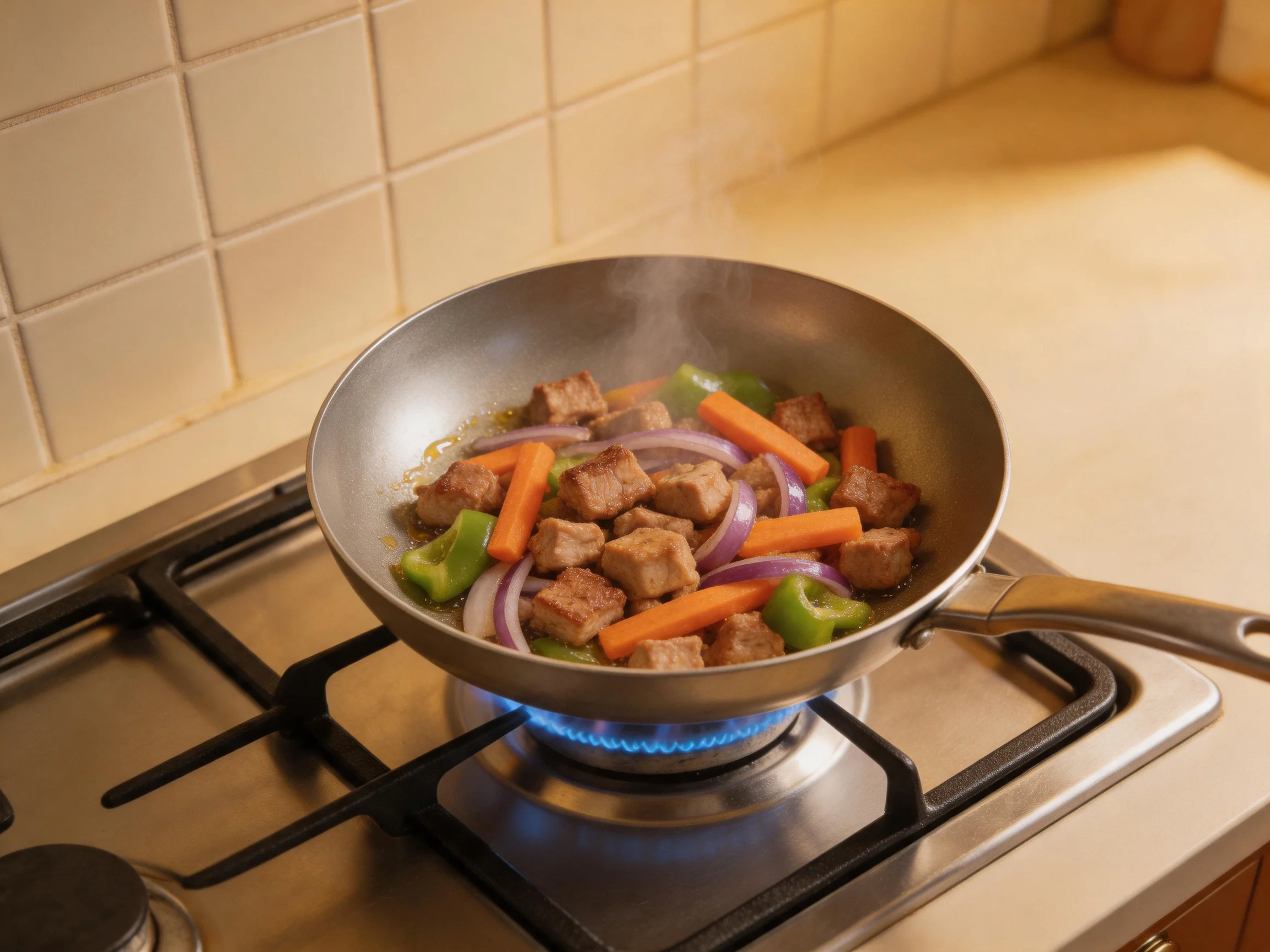 A skillet with browned meat, orange carrots, green peppers, and purple onions cooks over a blue gas f