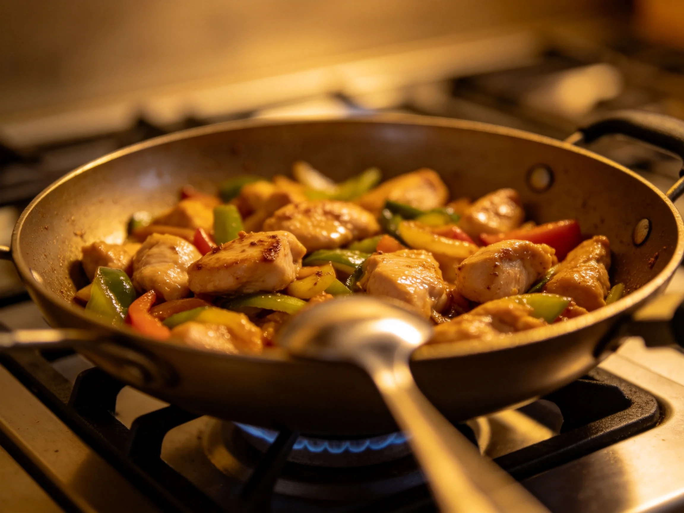 A skillet with chicken and multicolored peppers cooking over a lit burner