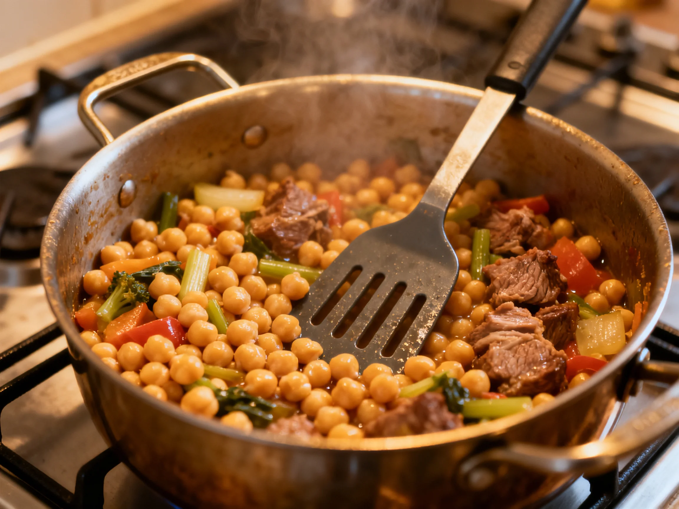 A skillet with chickpeas, beef, and colorful vegetables steaming on a stove