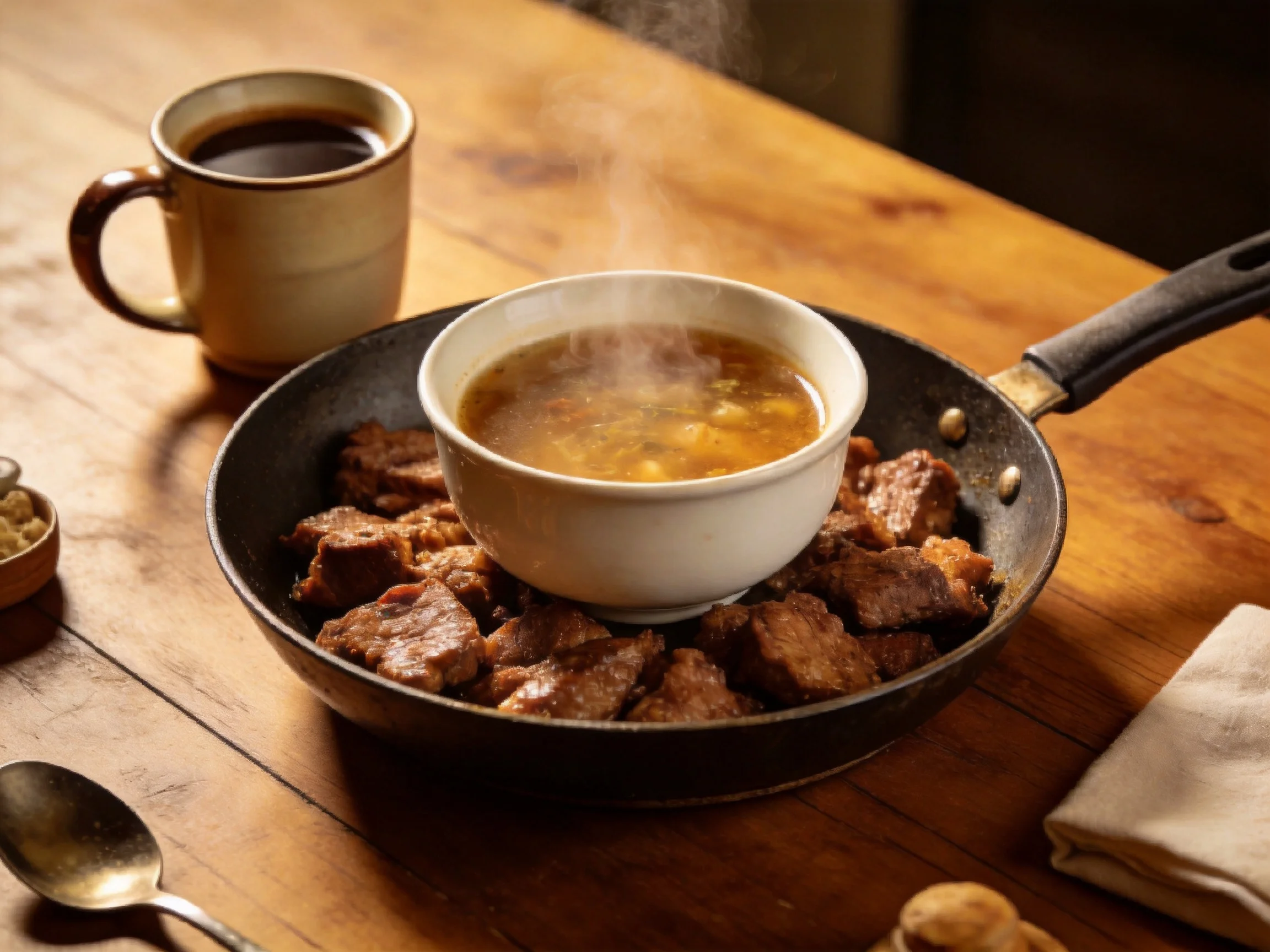A skillet with roasted meat, steaming soup, and dark coffee on a wooden table