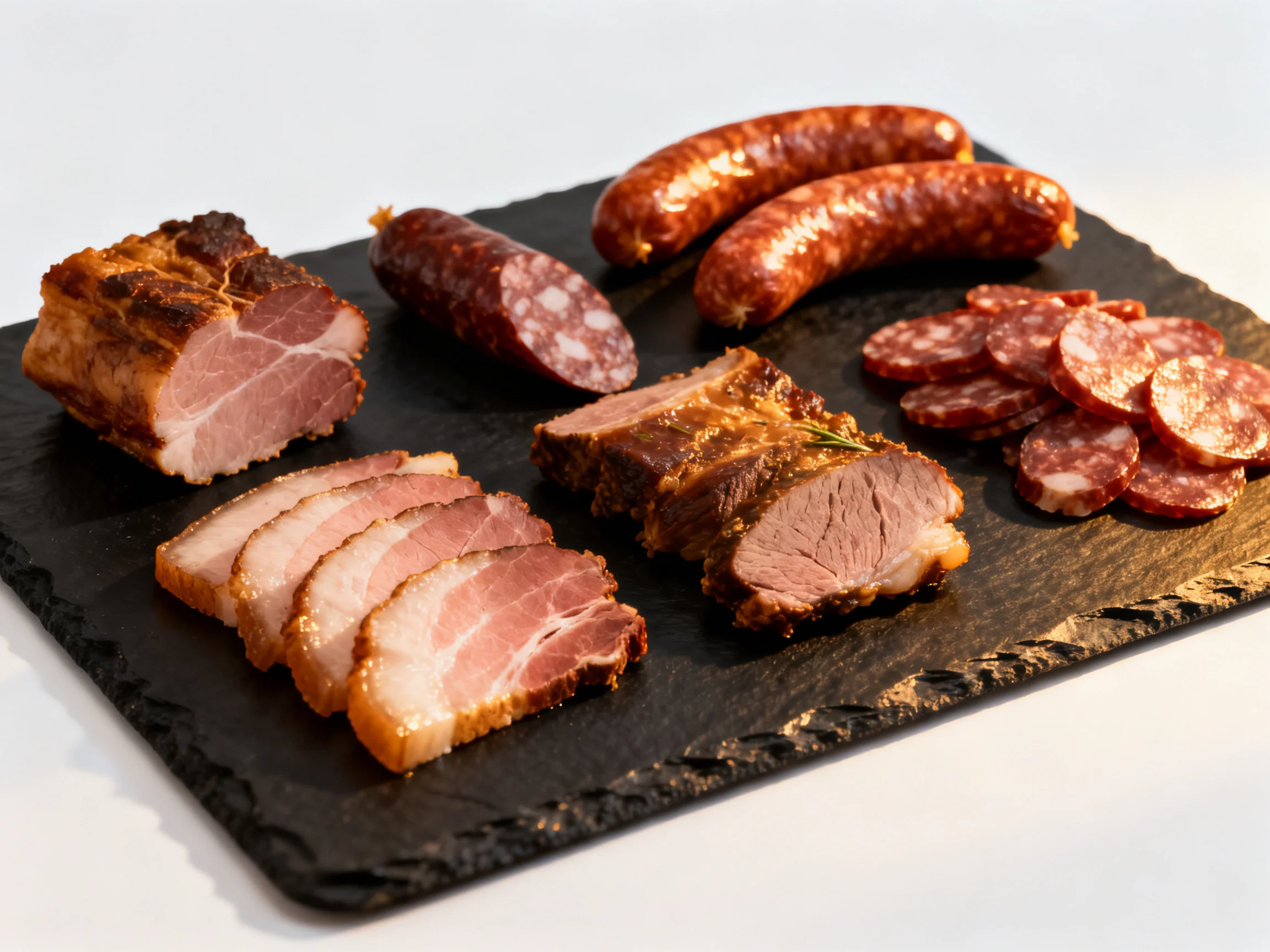 A slate platter of assorted cured meats in rich browns and reds