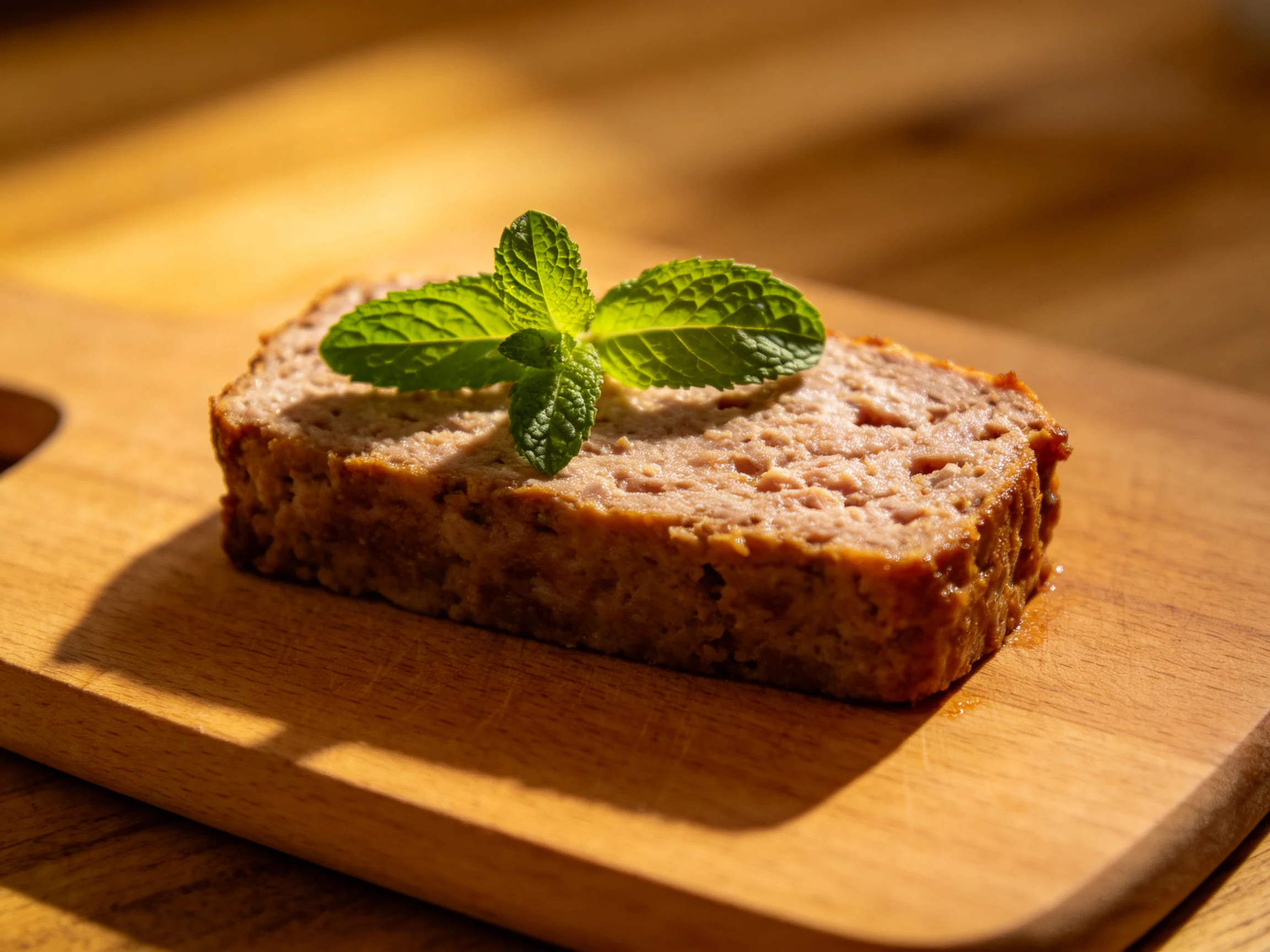 A slice of brown meatloaf garnished with fresh green mint on a wooden cutting board