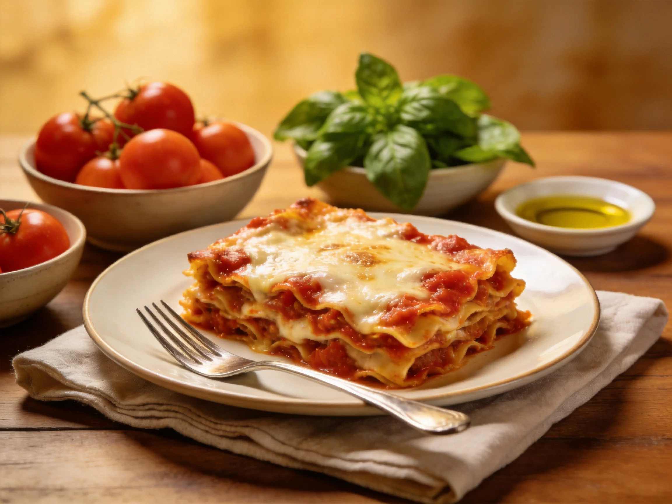 A slice of cheesy lasagna served with fresh tomatoes and basil