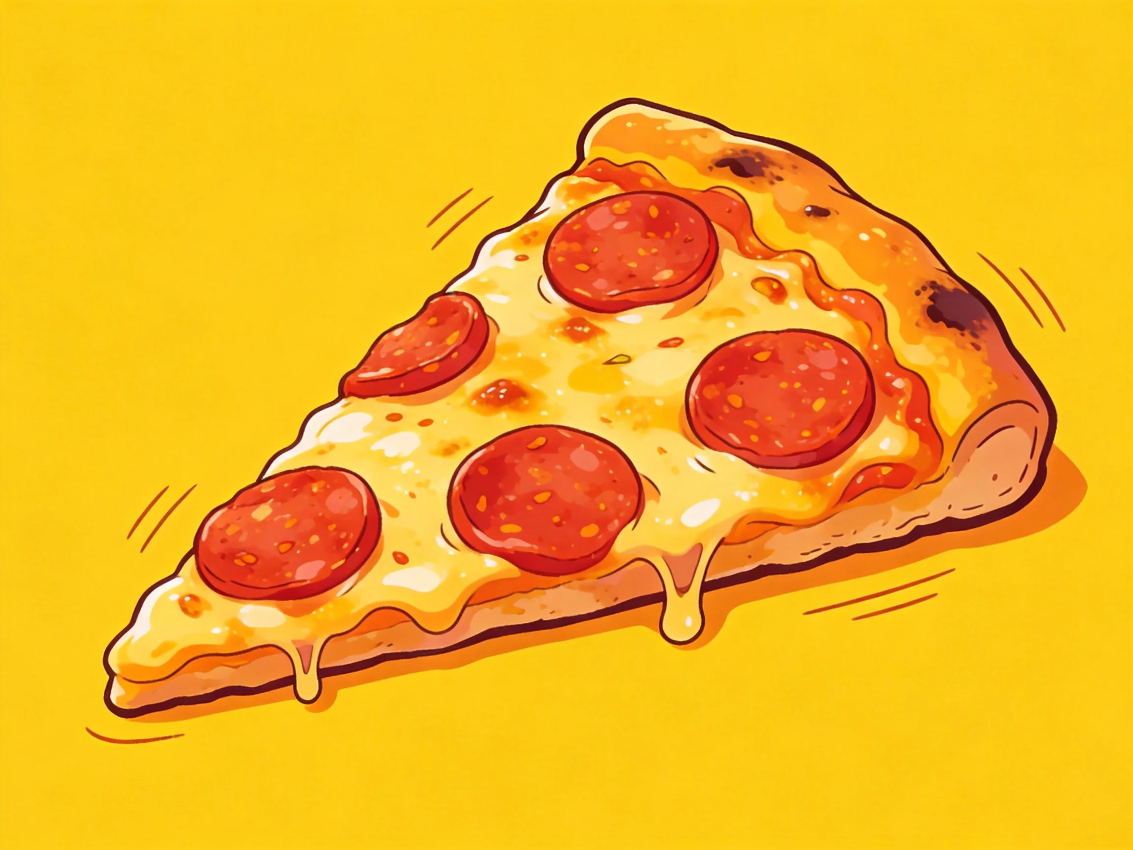 A slice of pepperoni pizza with melted cheese on bright yellow
