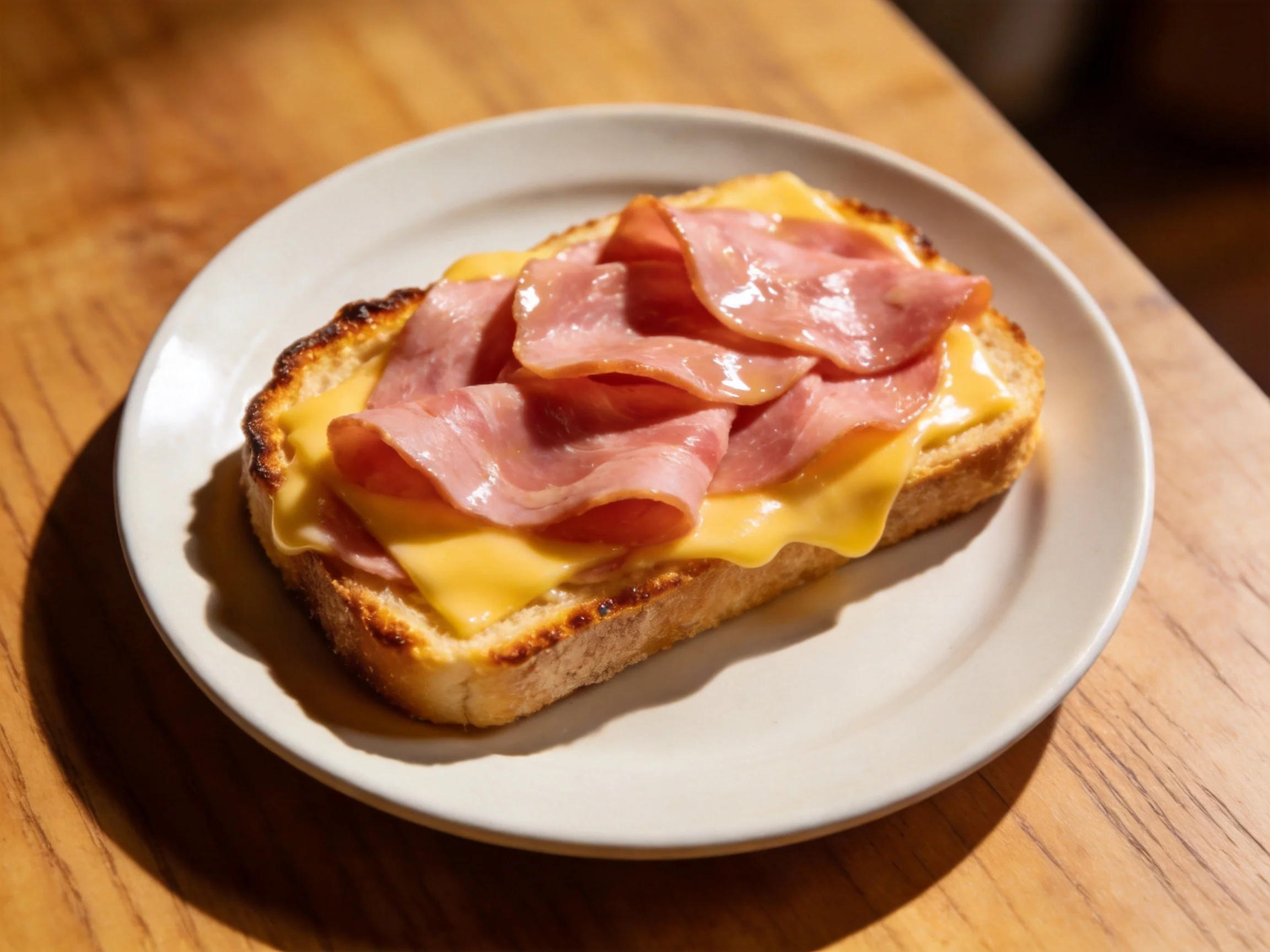 A slice of toasted bread with melted cheese and pink ham slices