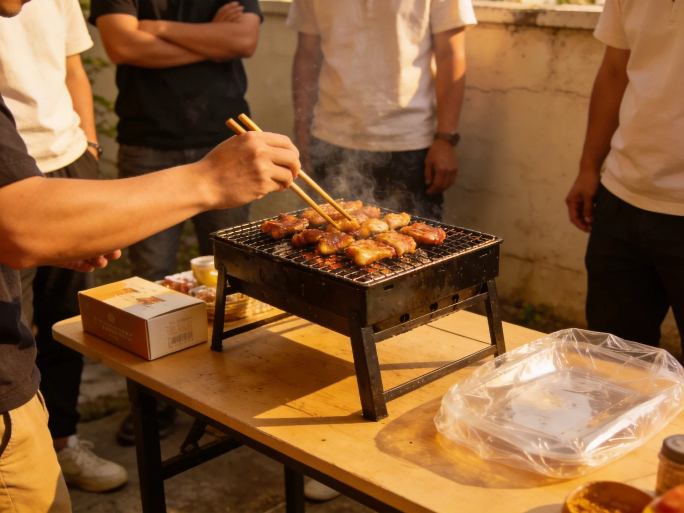 A small black charcoal grill cooking meat surrounded by people outdoors