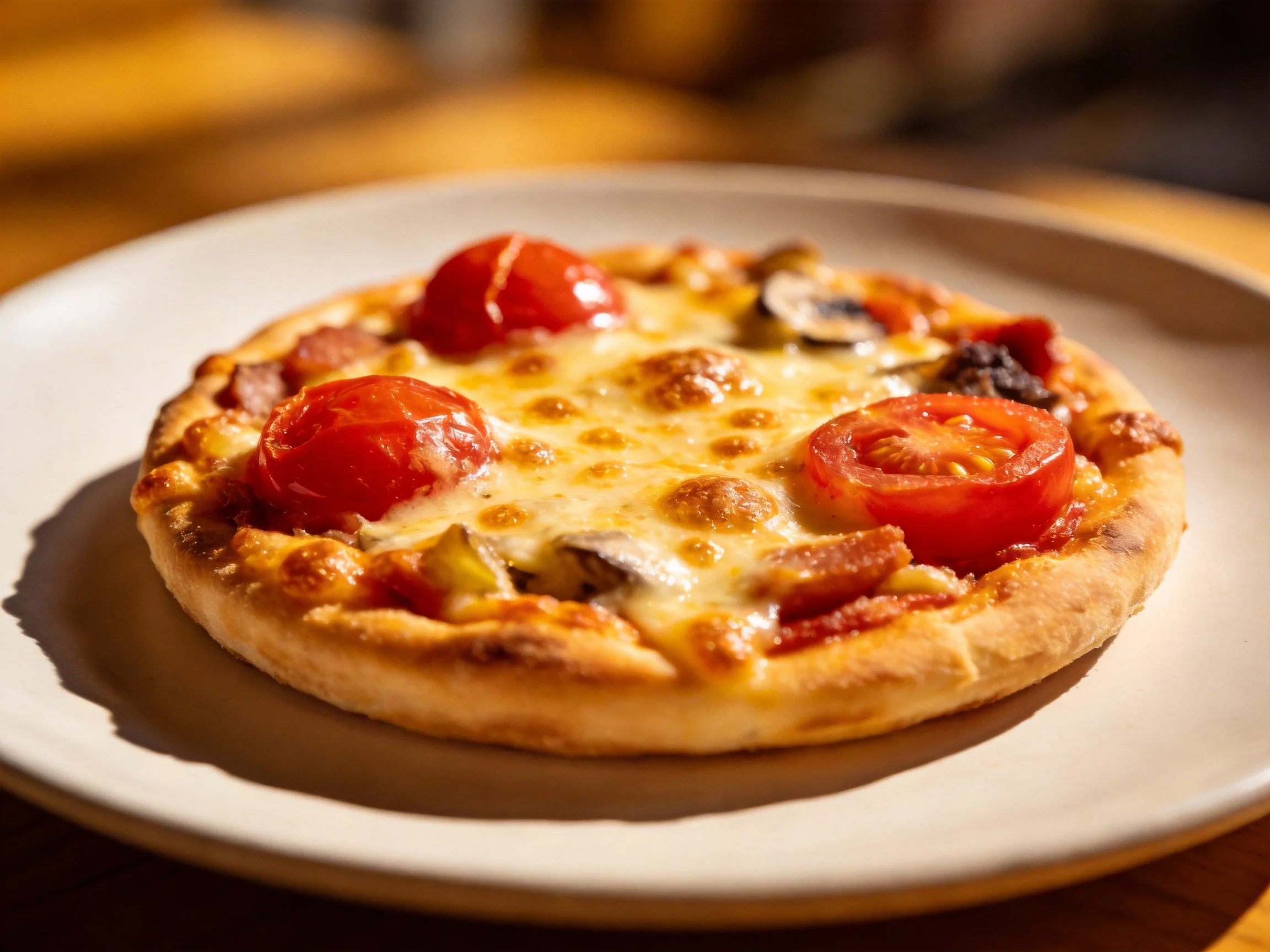 A small golden-brown pizza topped with cherry tomatoes, cheese, and mushrooms