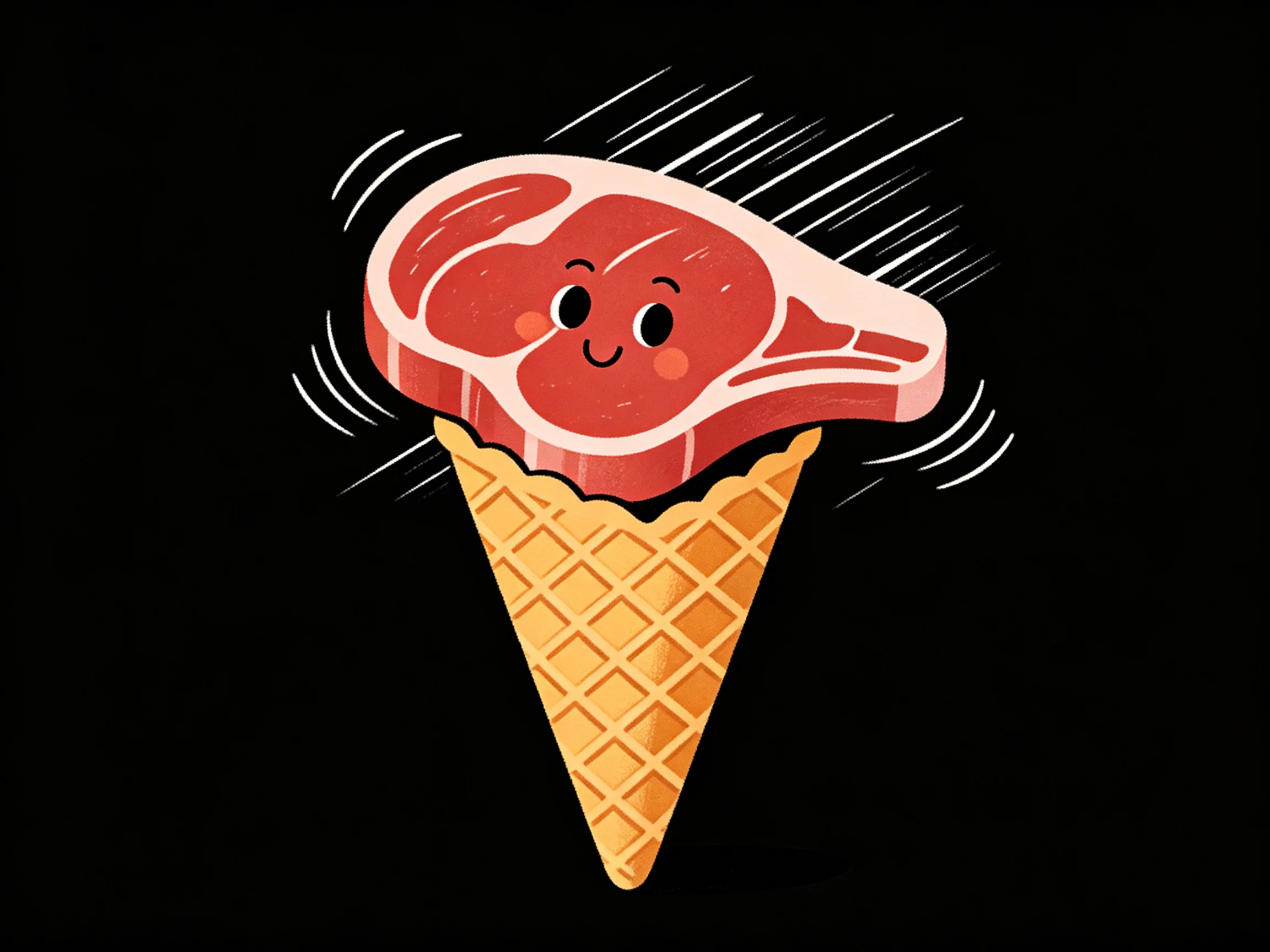 A smiling red meat slice on a yellow waffle cone with motion lines