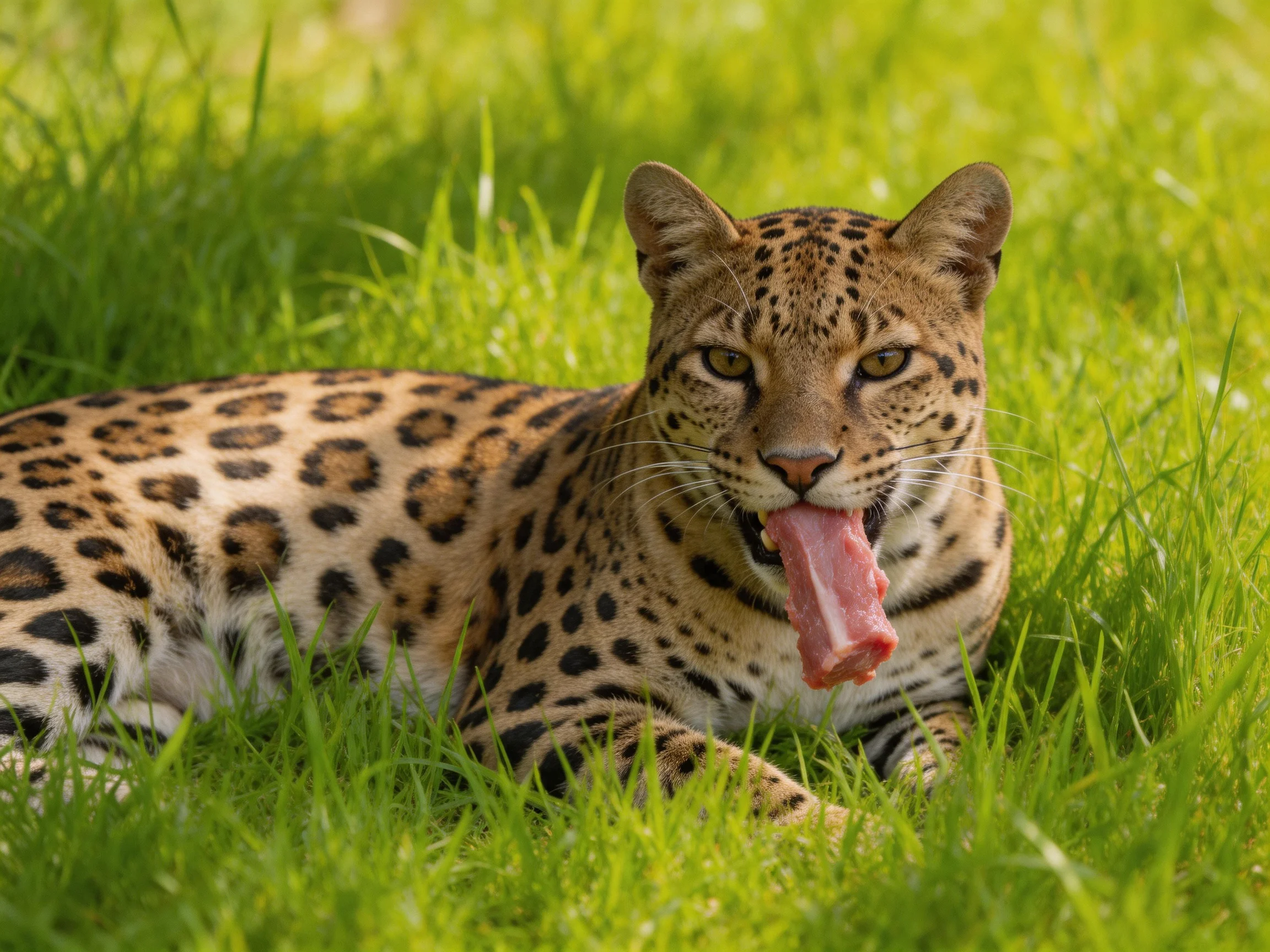 A spotted wildcat enjoys meat in lush green grass