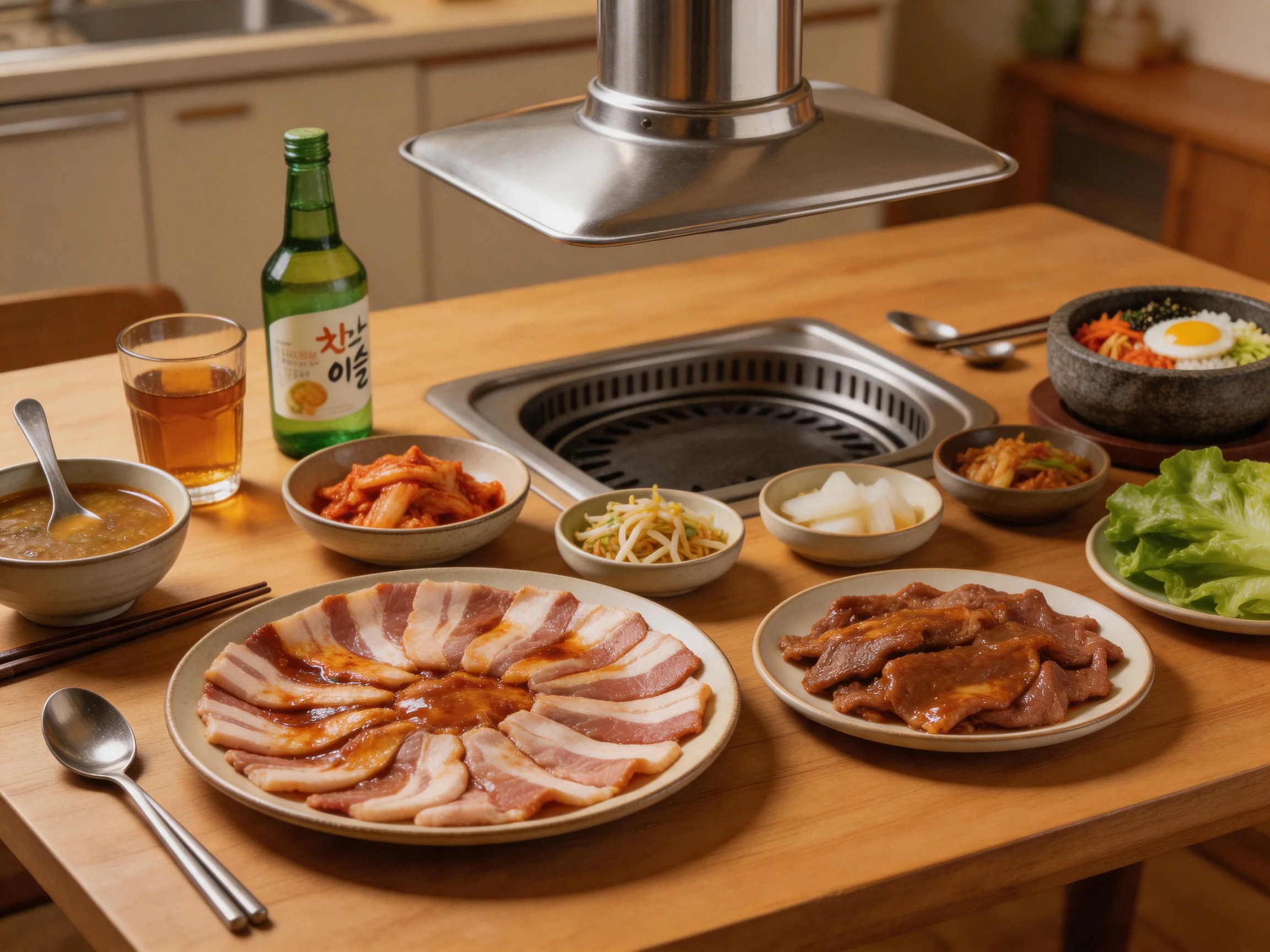 A spread of Korean BBQ meats and side dishes on a wooden table