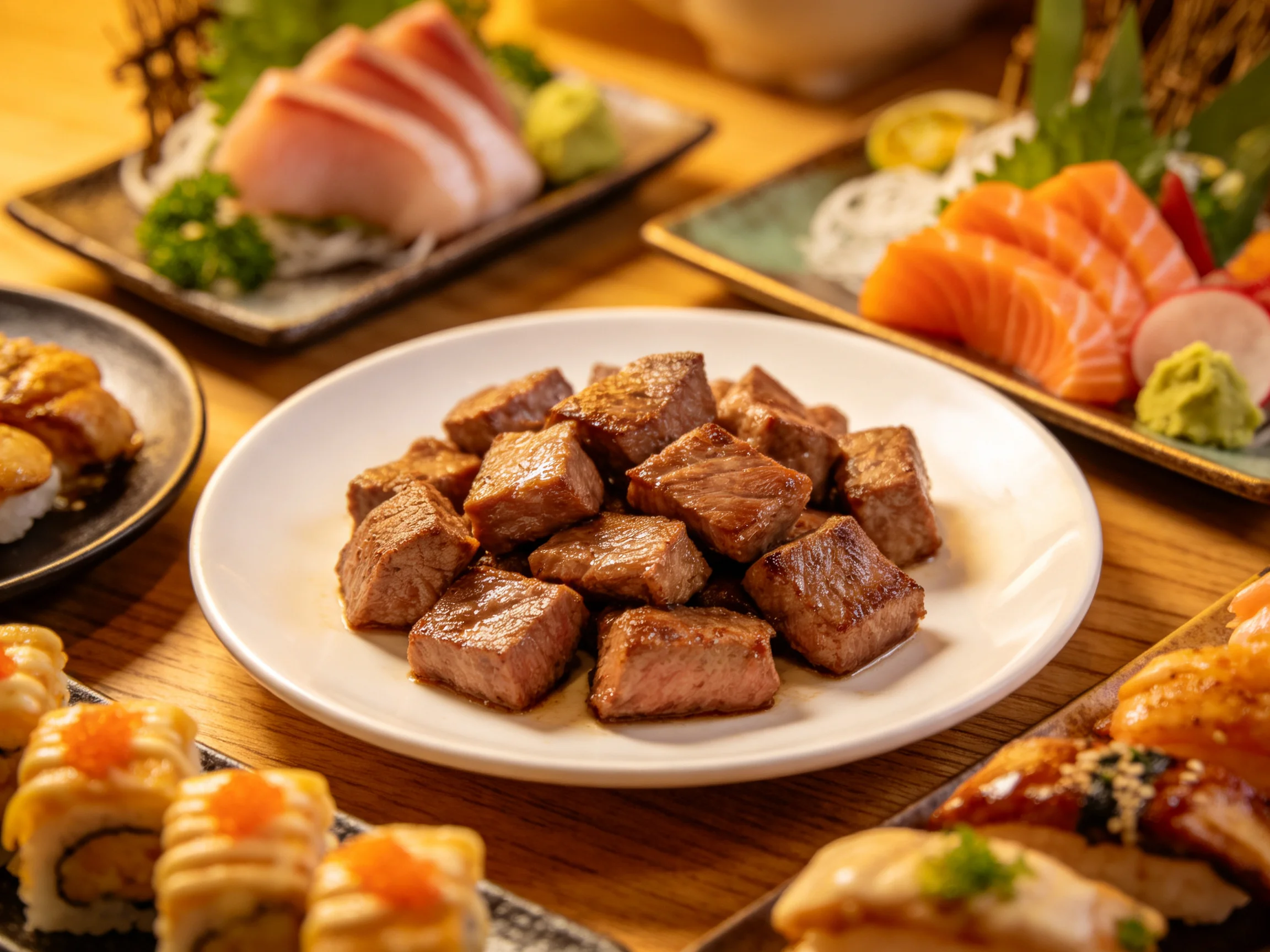 A spread of assorted Japanese dishes with grilled meat, salmon, and sushi