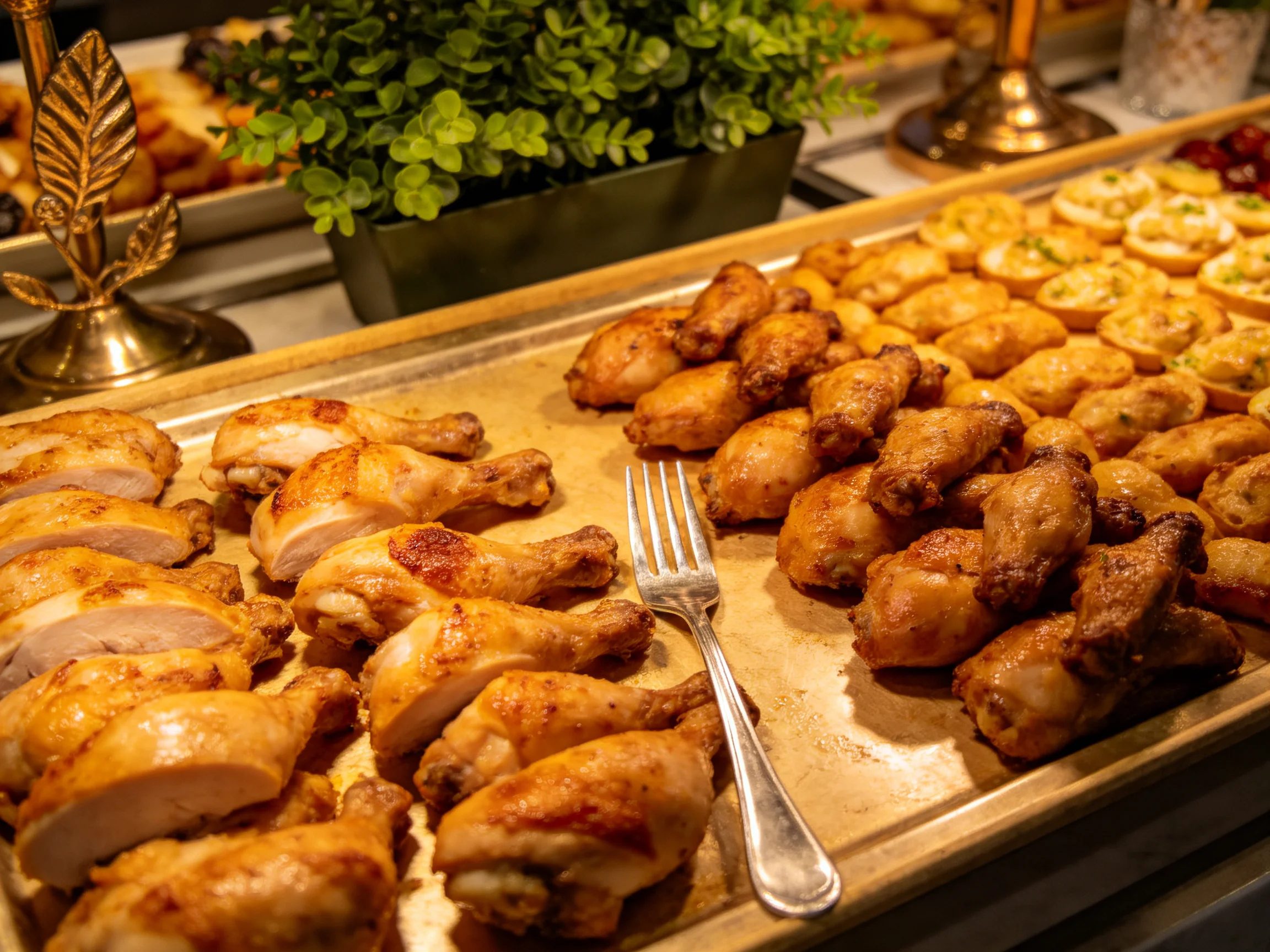 A spread of golden-brown roasted chicken dishes on metal trays