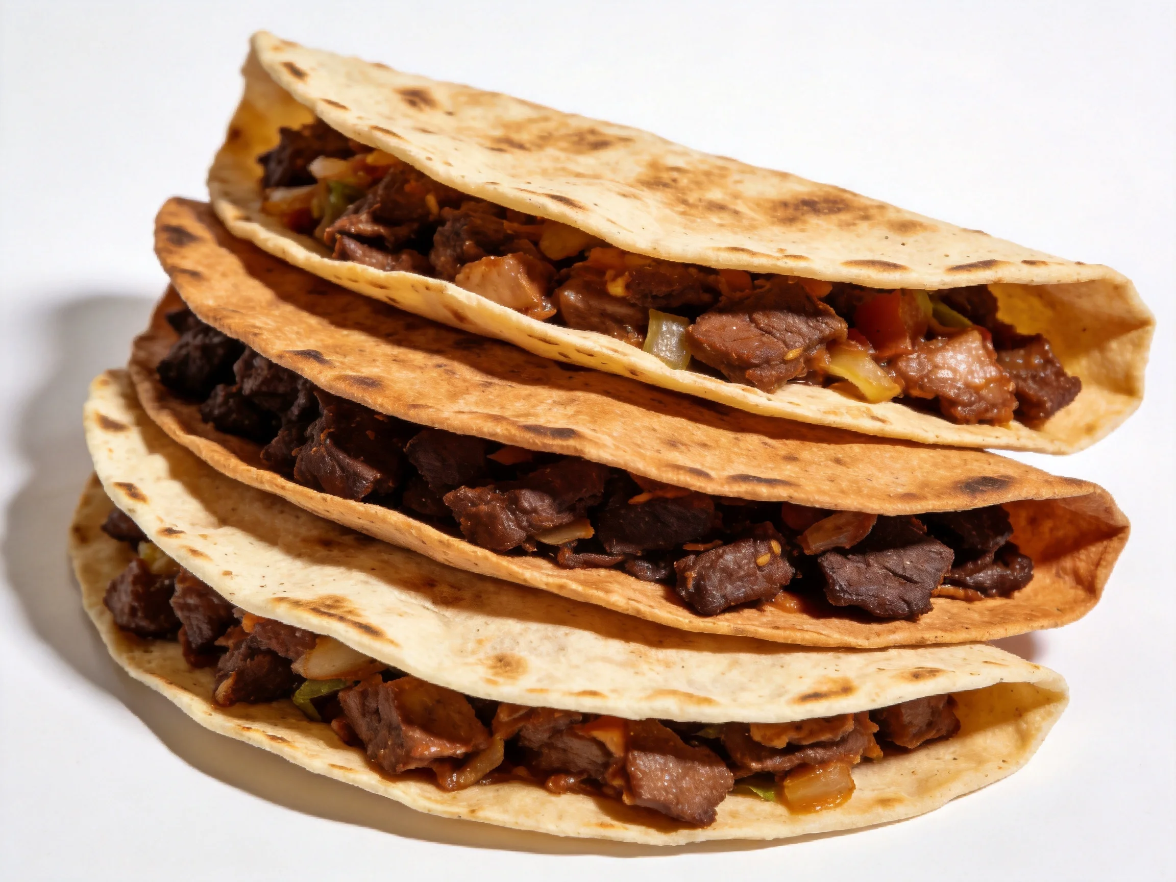 A stack of four tacos with browned tortillas and savory meat fillings