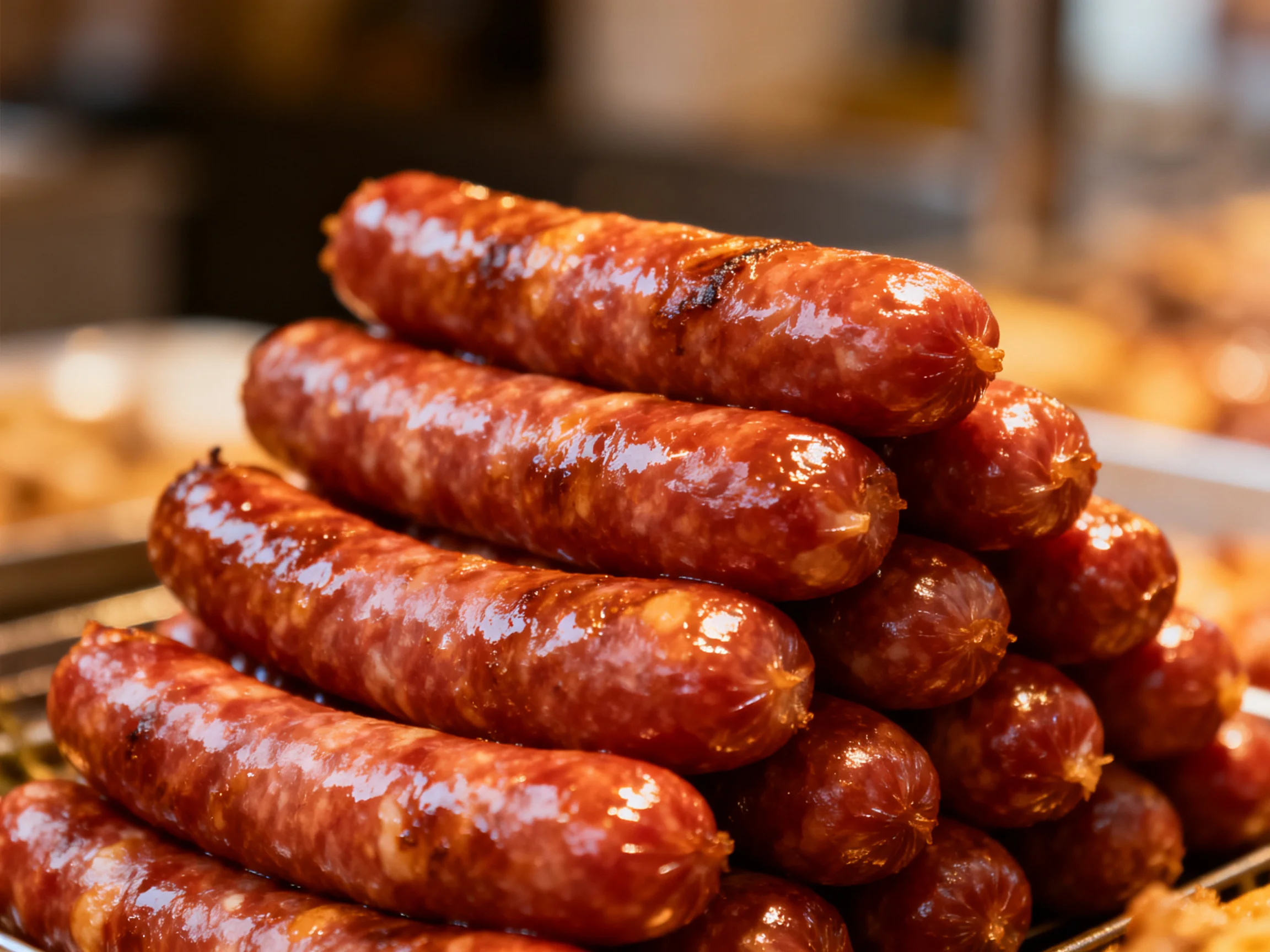 A stack of glossy, brown grilled sausages arranged in a pyramid