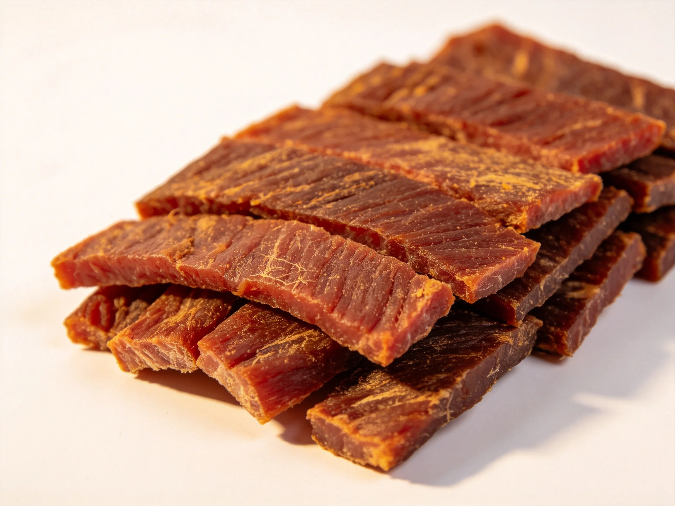 A stack of richly hued, textured beef jerky slices
