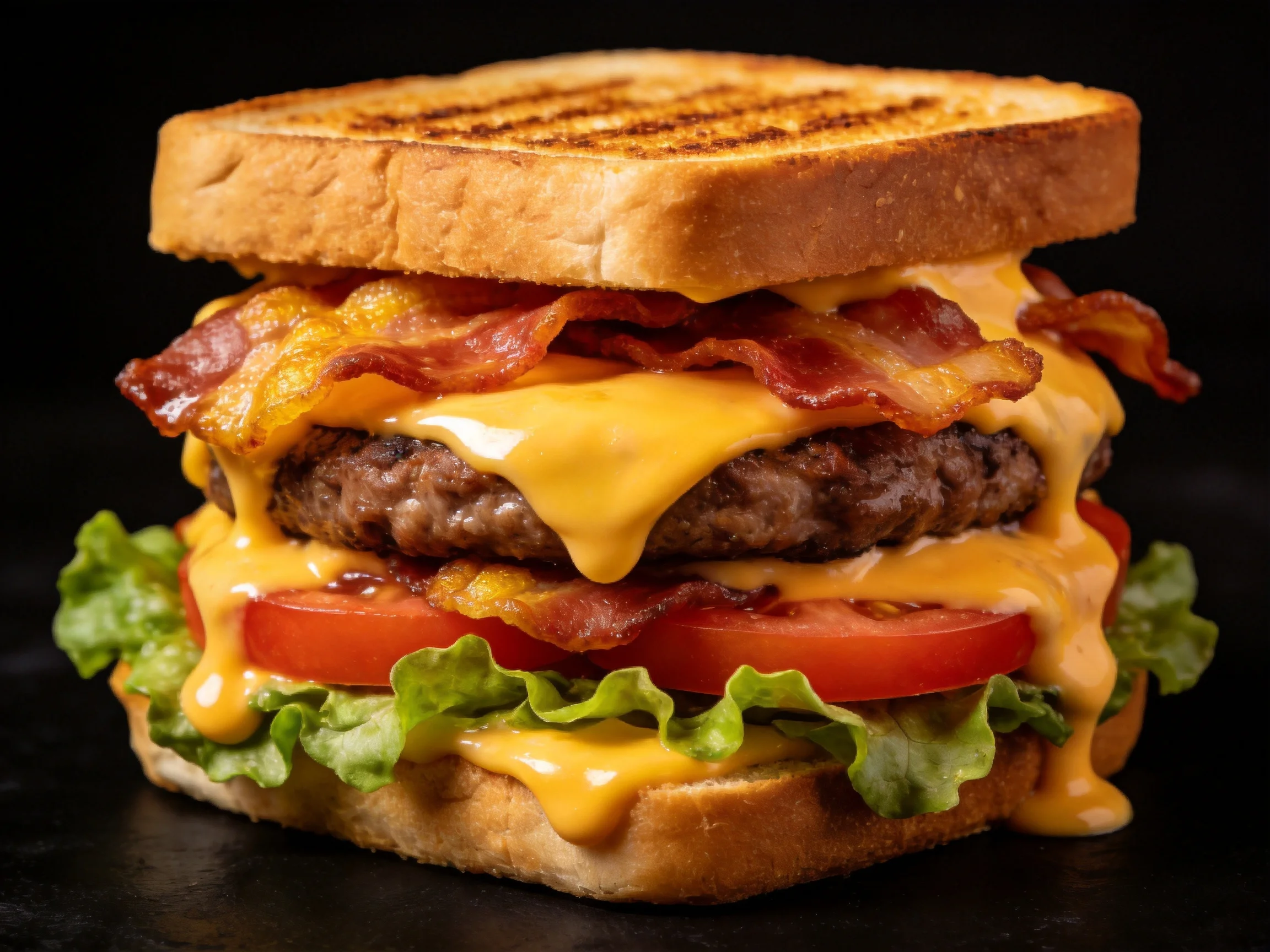 A stacked cheeseburger with crispy bacon, melted cheddar, and fresh veggies