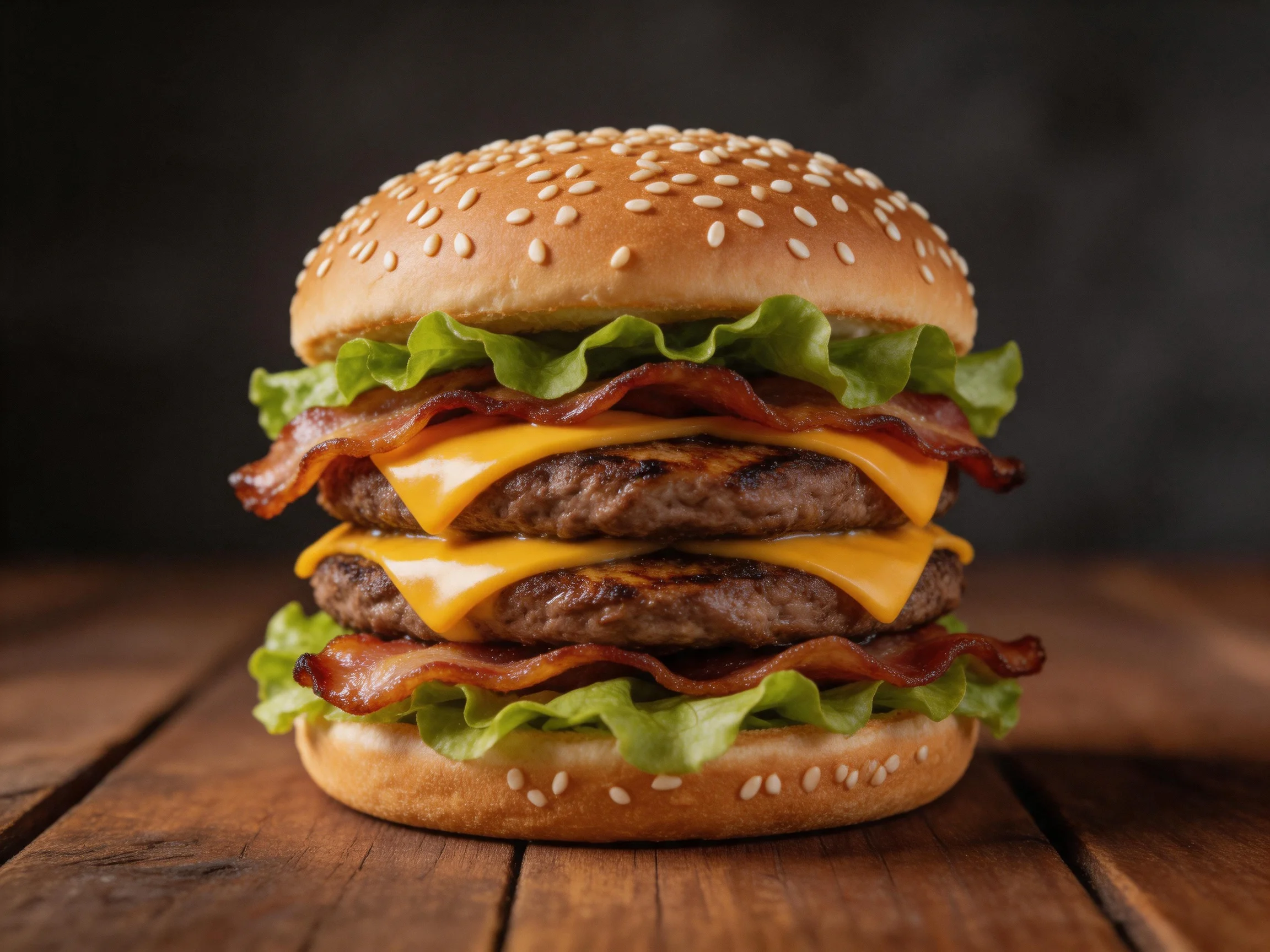 A stacked double cheeseburger with sesame seed buns, bacon, and cheese