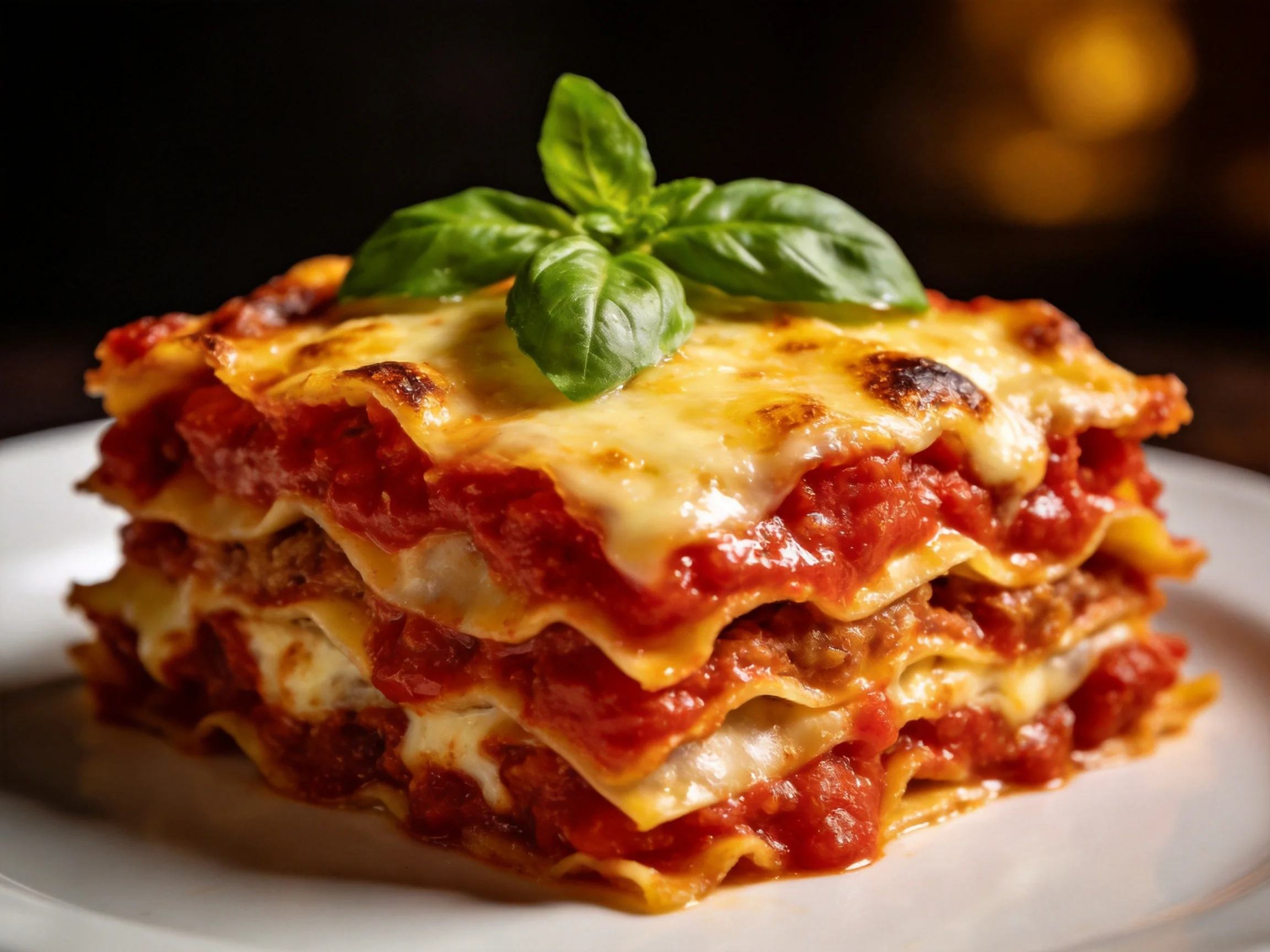 A stacked lasagna with melted cheese and fresh basil