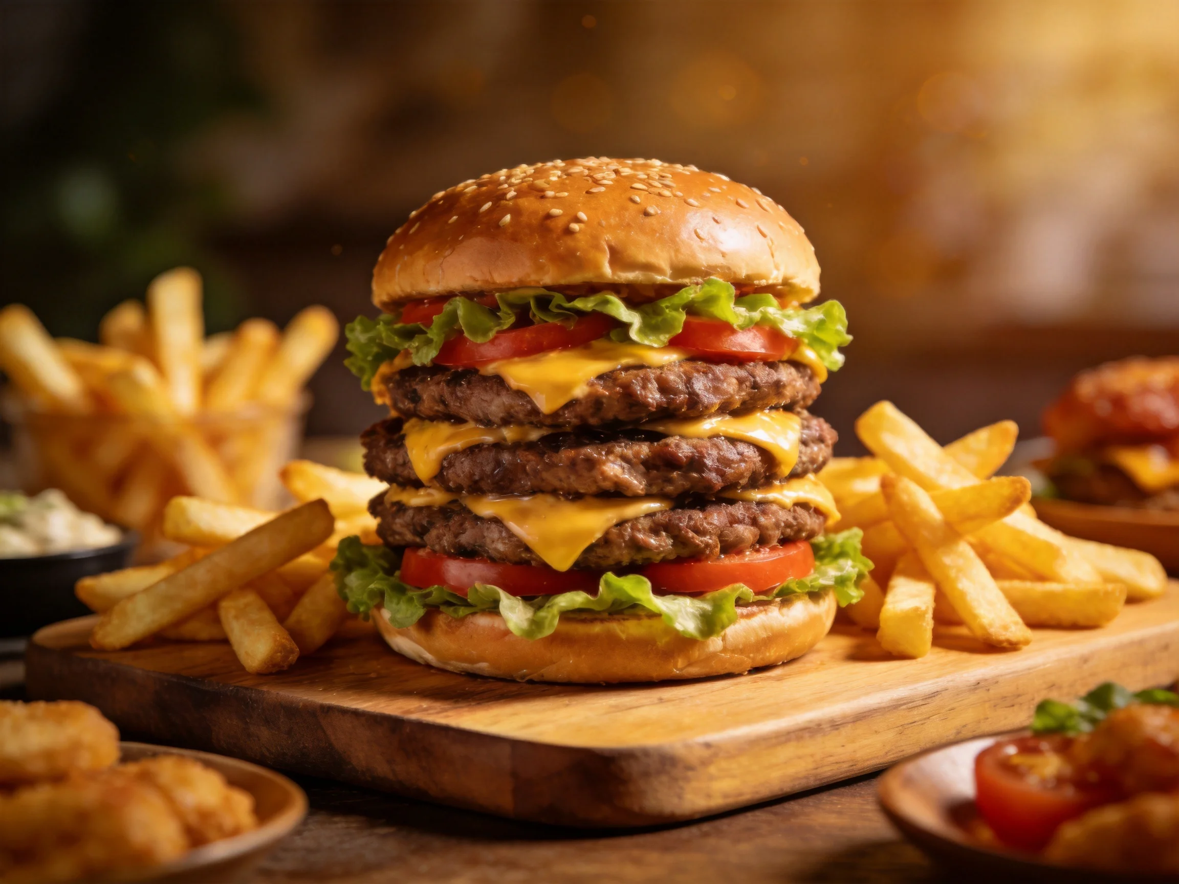 A stacked triple-cheeseburger with golden fries and side dishes