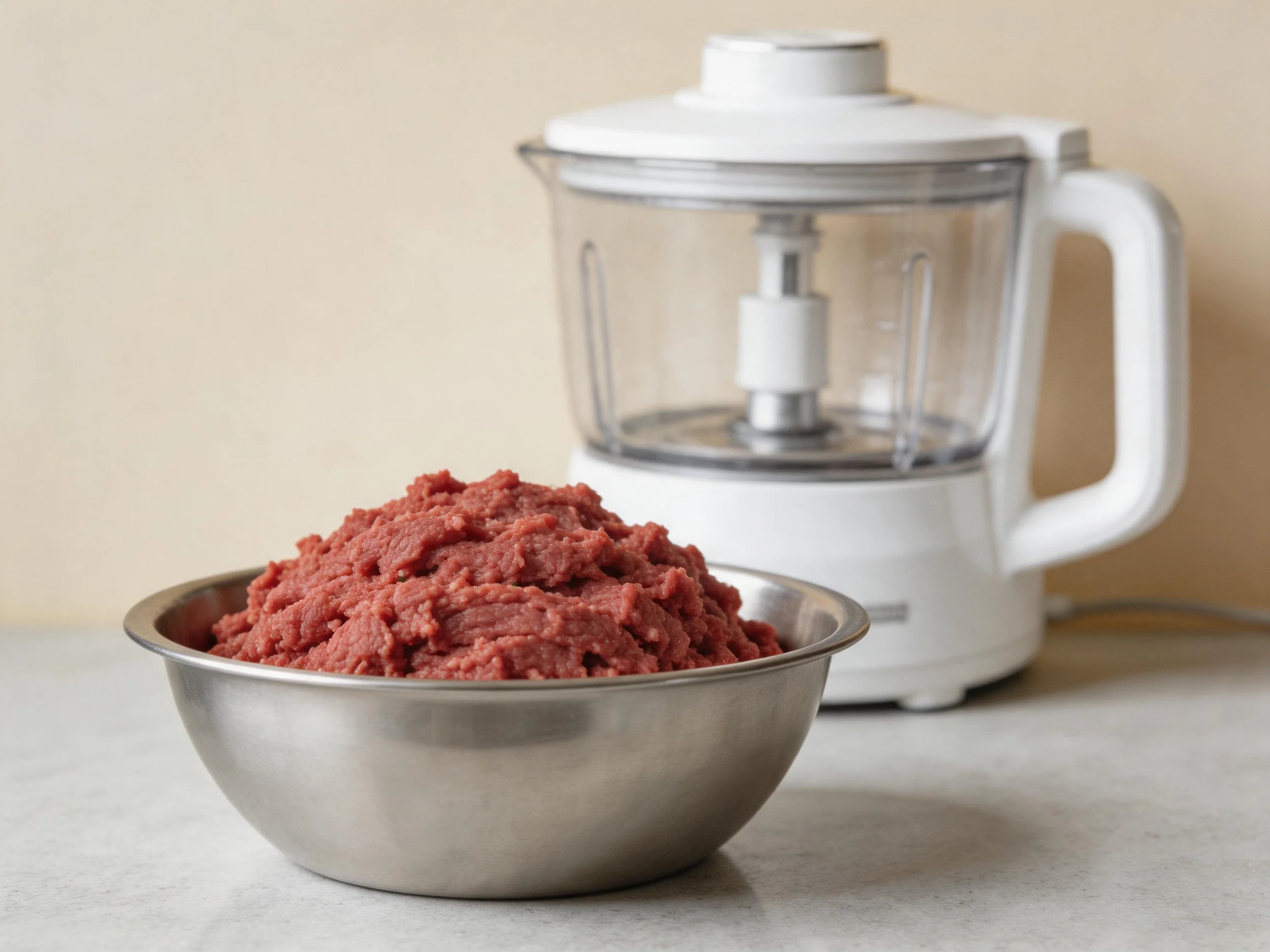 A stainless steel bowl holds ground beef beside a white food processor