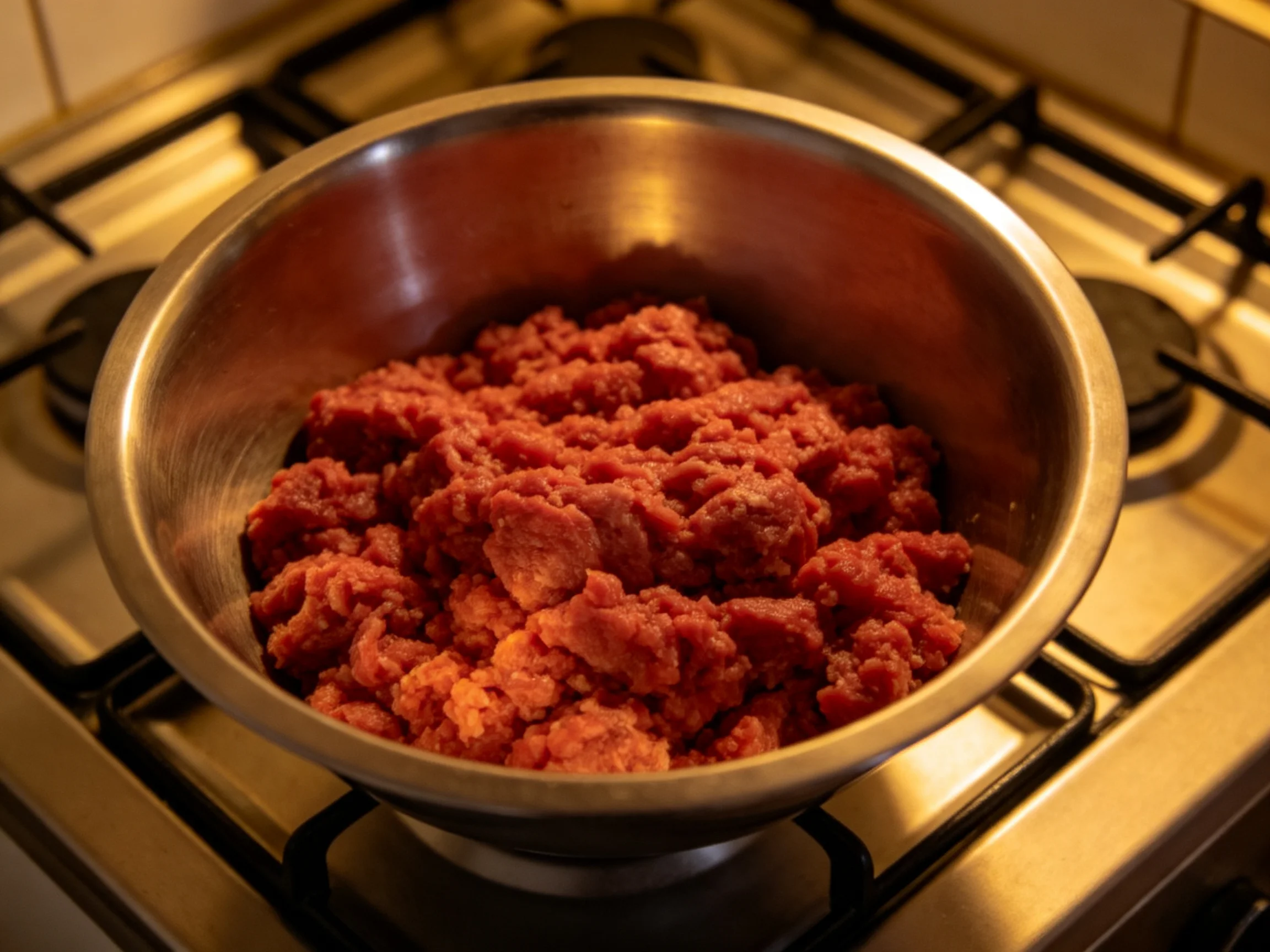 A stainless steel bowl holds vibrant red ground meat on a gas stove
