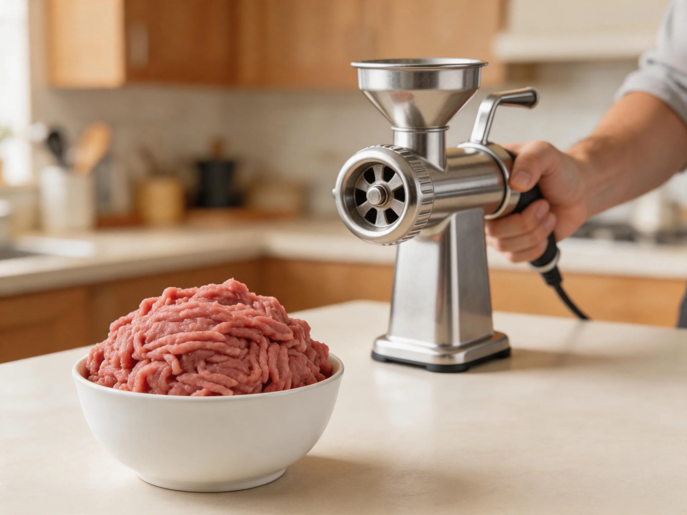 A stainless steel meat grinder beside a bowl of raw ground meat