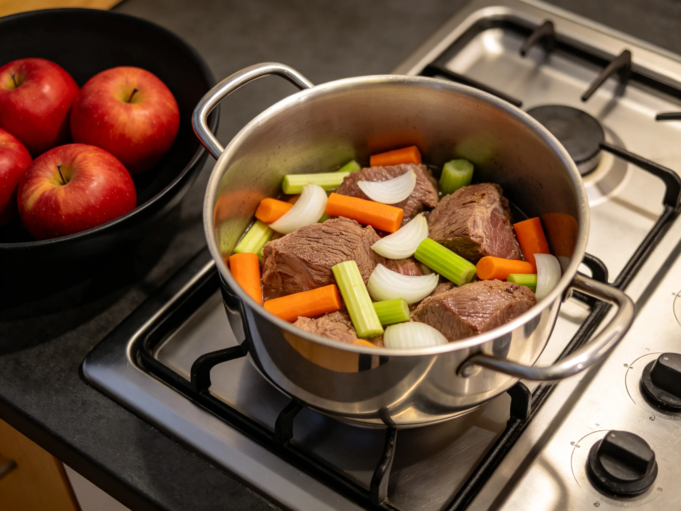 A stainless steel pot holds beef, carrots, celery on a gas stove near red apples