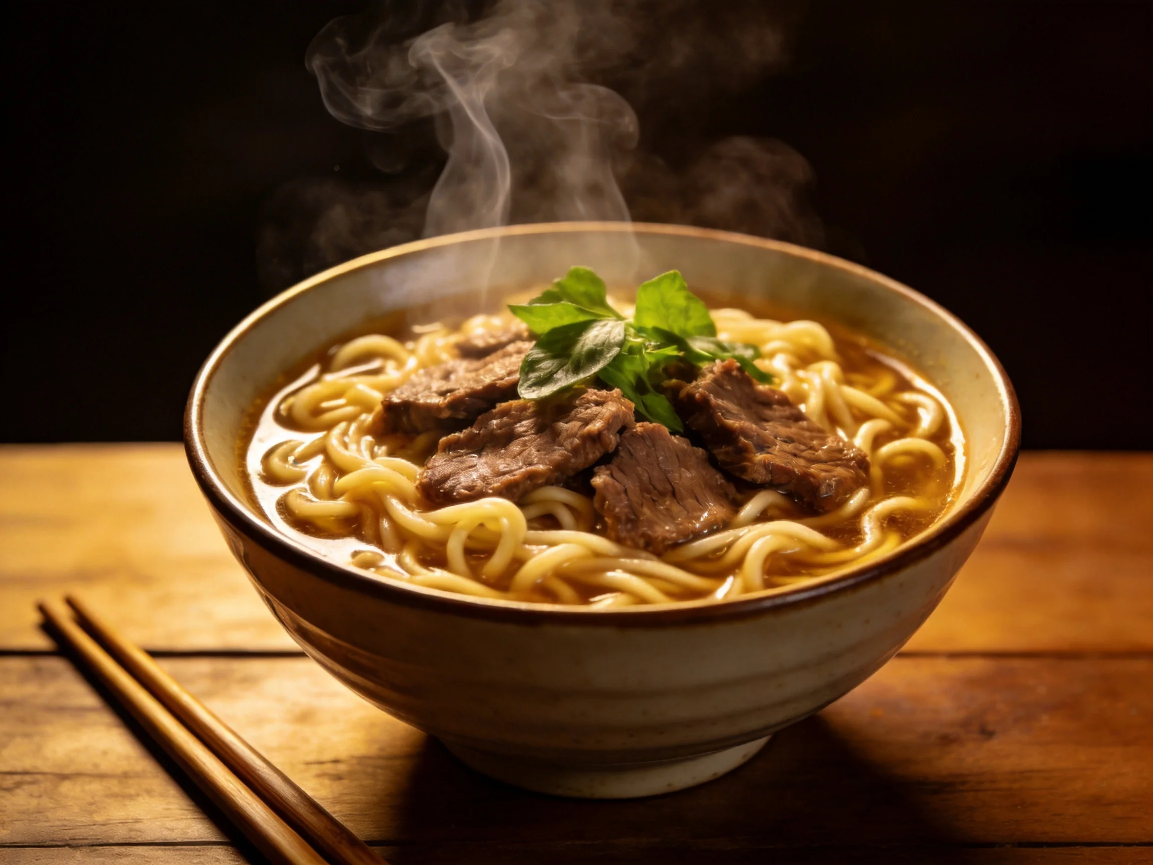 A steaming bowl of beef noodle soup with tender slices and fresh herbs