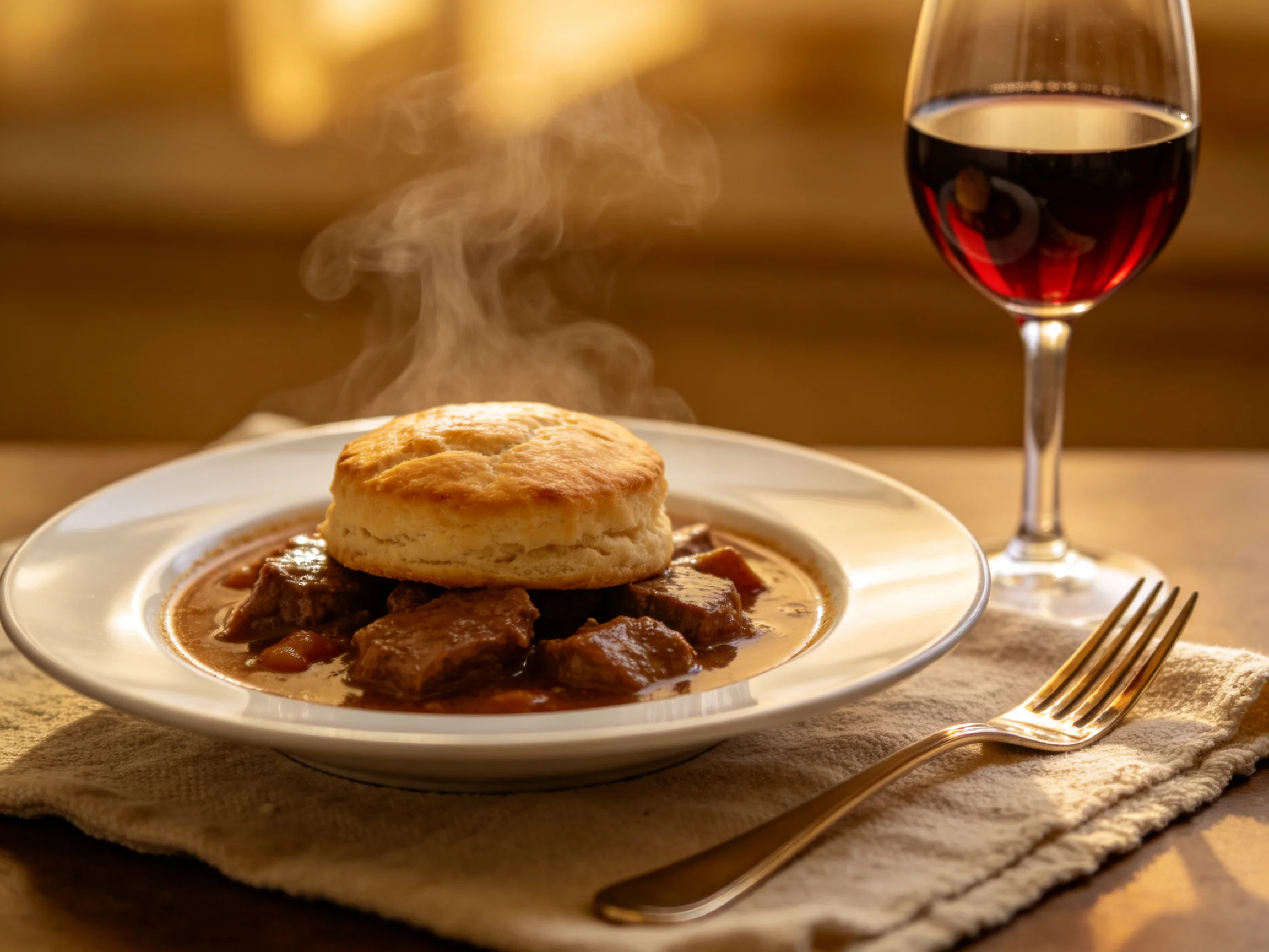 A steaming bowl of beef stew topped with a golden biscuit beside red wine