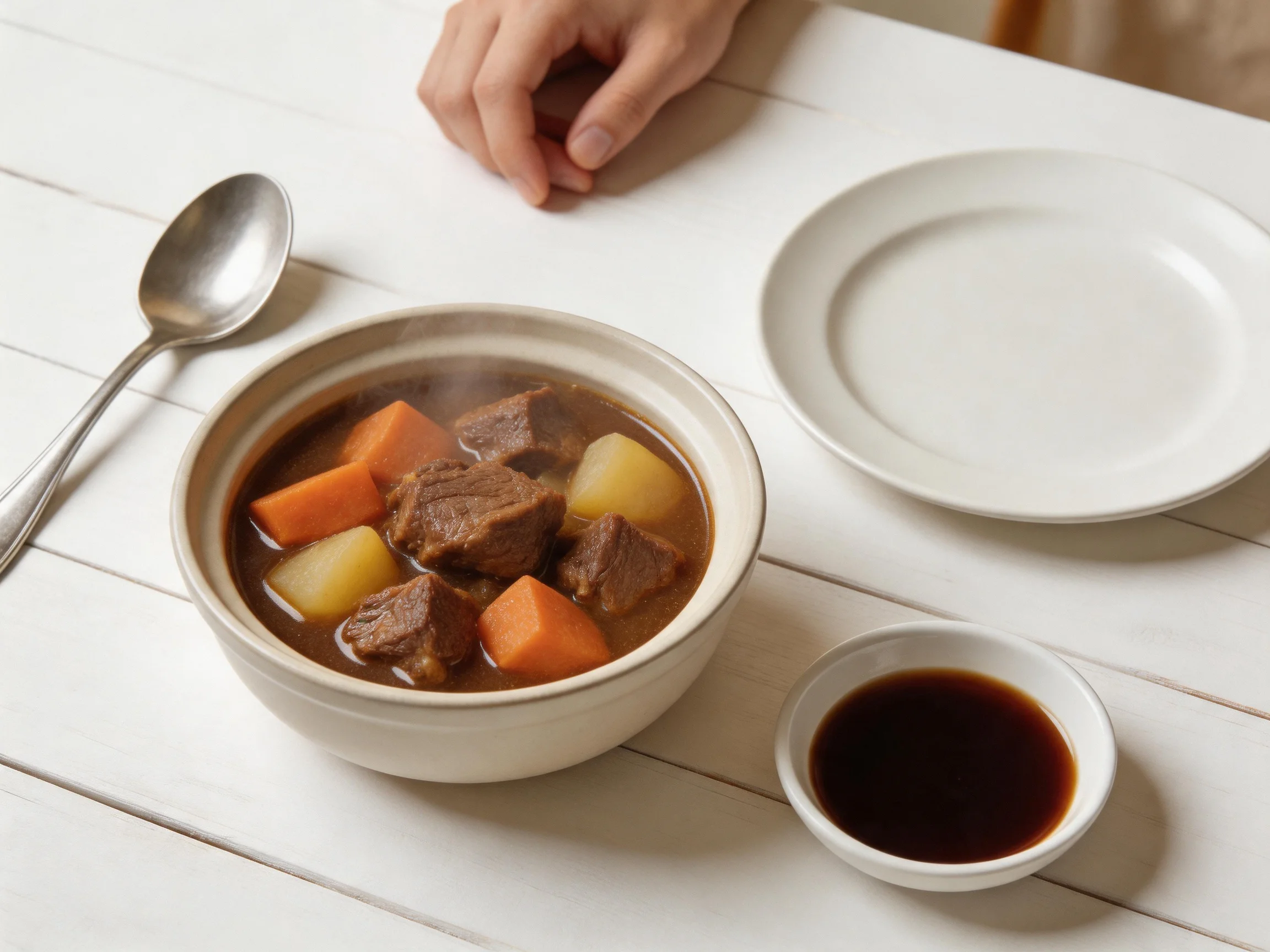 A steaming bowl of beef stew with carrots and potatoes on a white wooden table