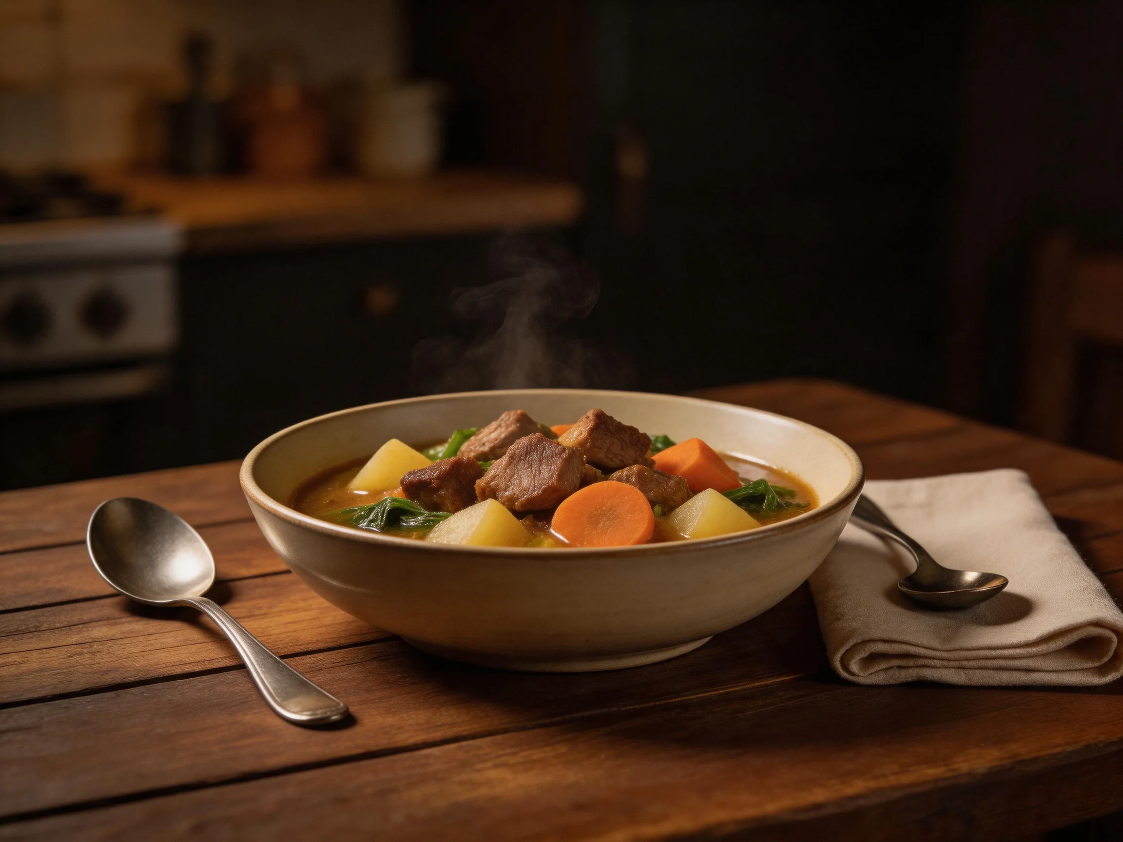 A steaming bowl of beef stew with carrots and potatoes on a wooden table