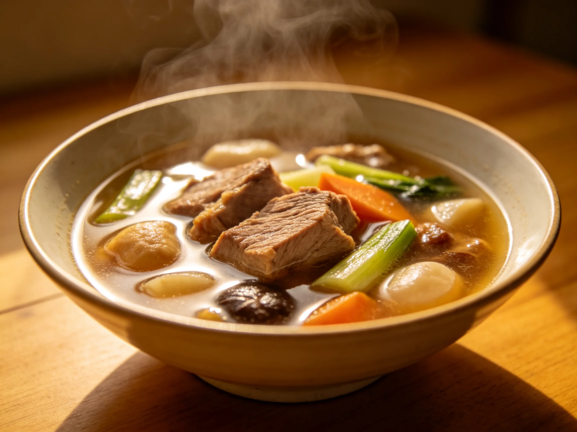 A steaming bowl of beef stew with carrots, celery, and mushrooms