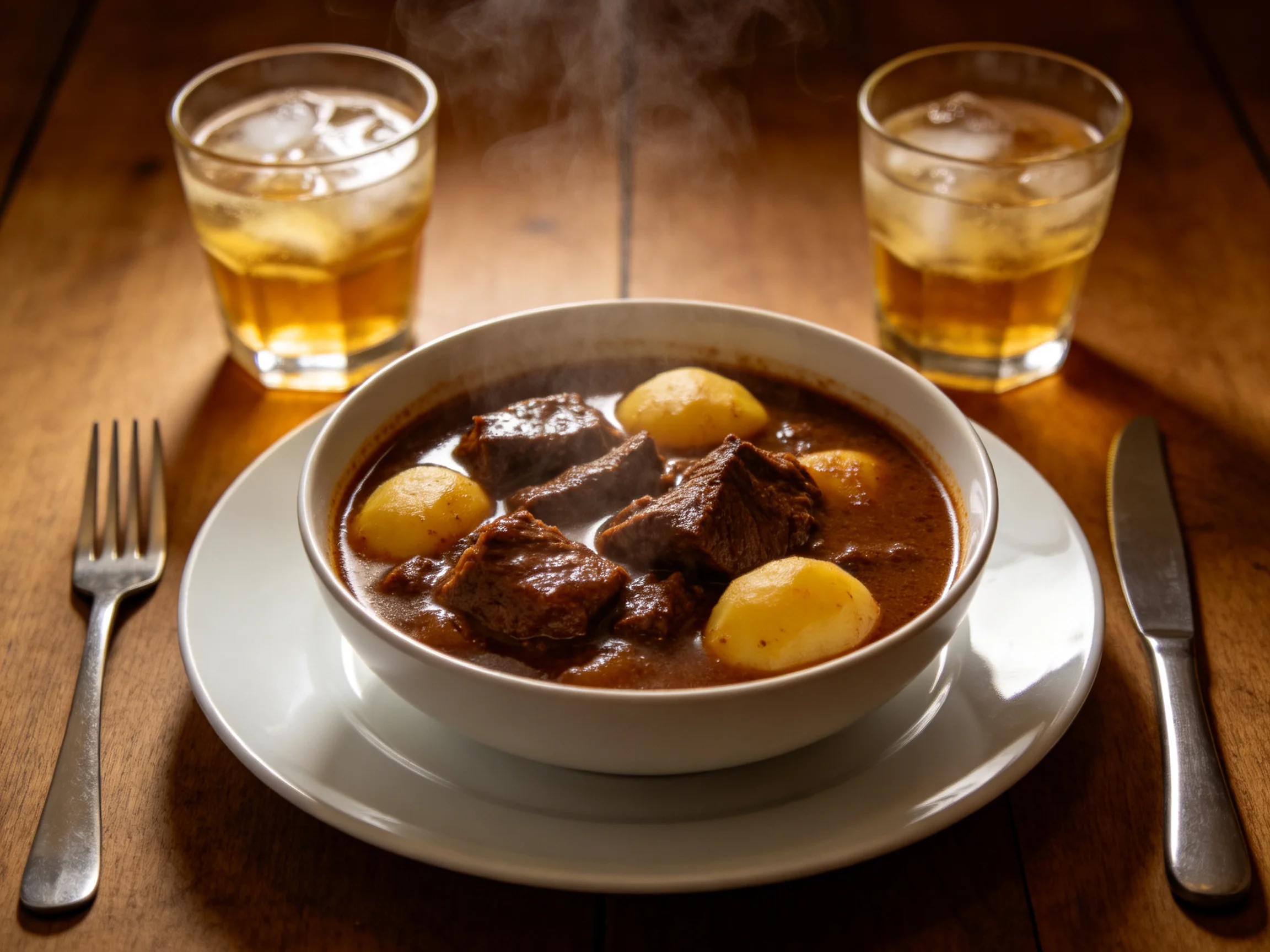 A steaming bowl of beef stew with potatoes beside two iced drinks