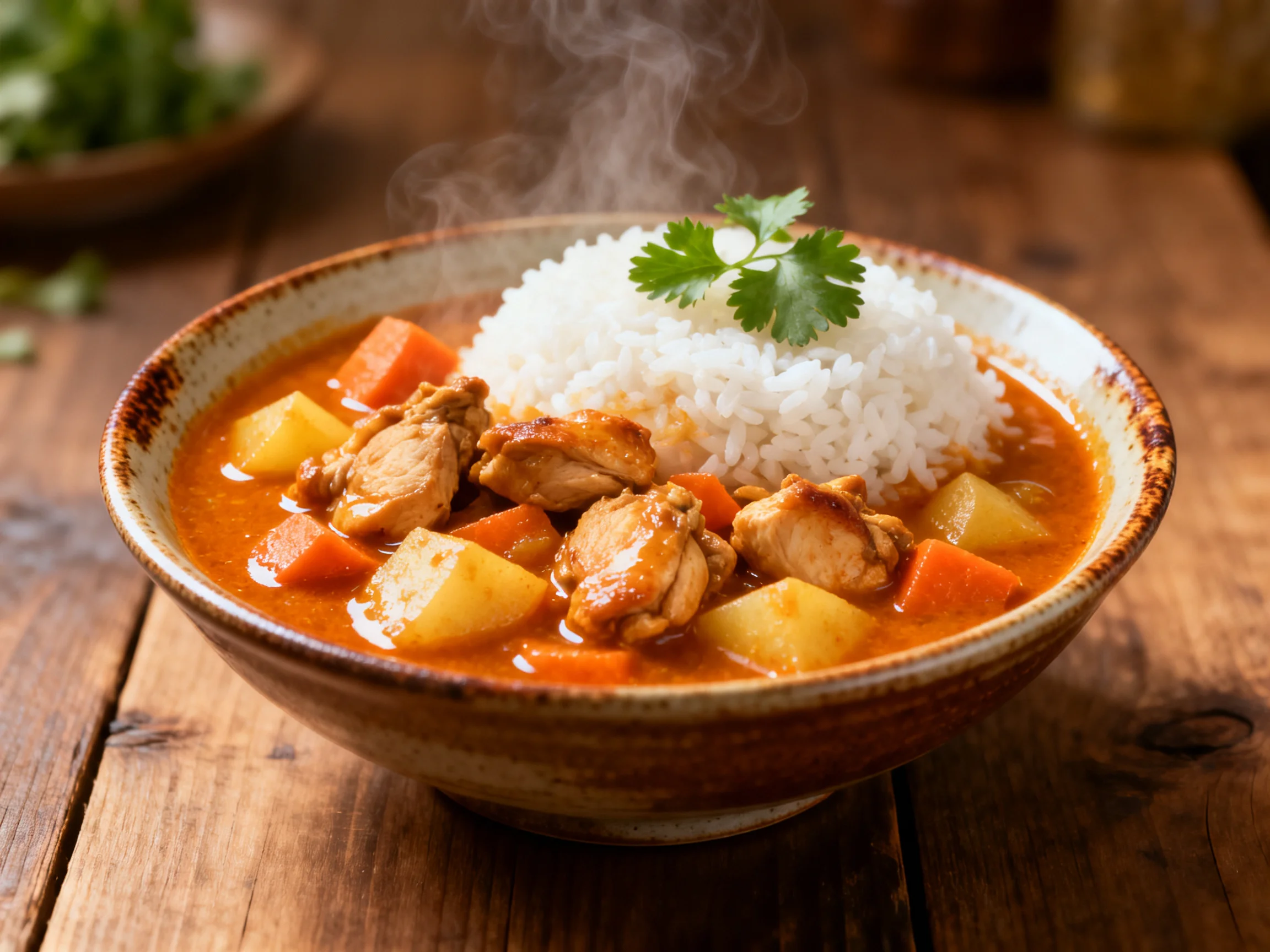 A steaming bowl of chicken curry with rice and vegetables