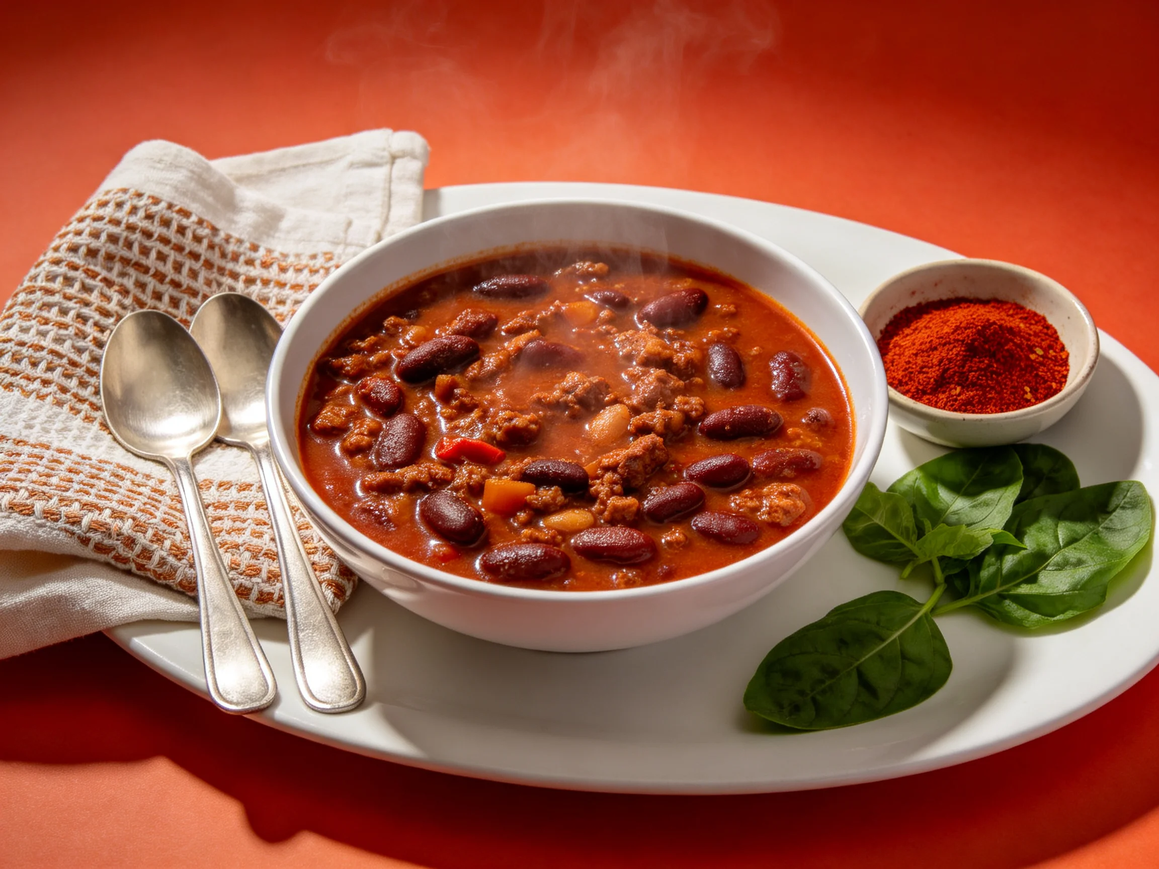 A steaming bowl of chili with spices and fresh greens on a white platter