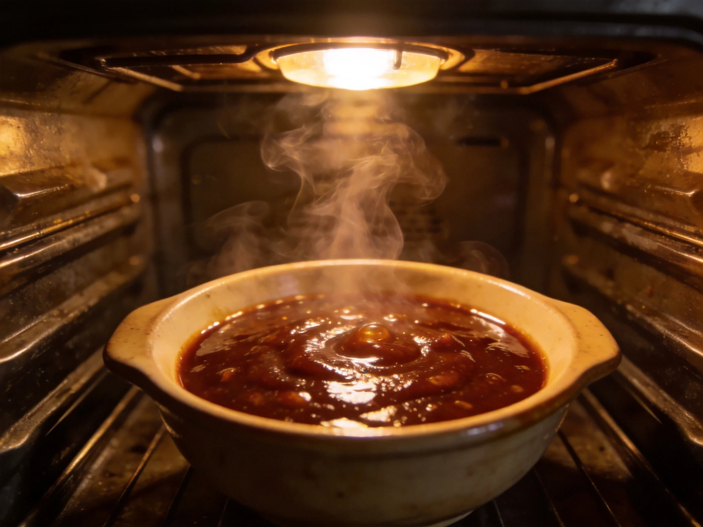 A steaming bowl of dark sauce baking inside a lit oven